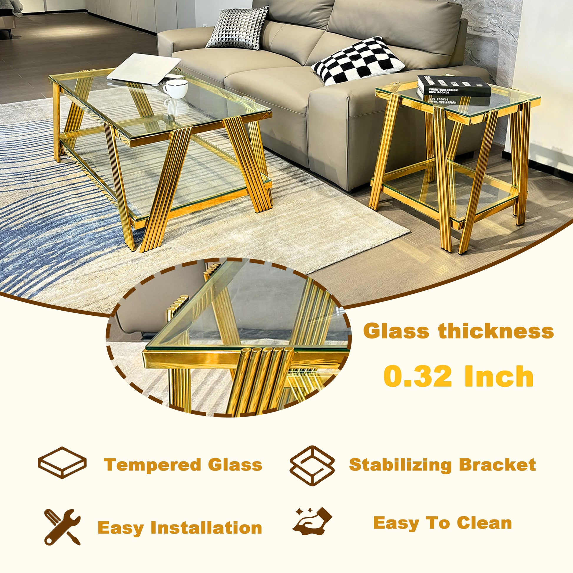 20 Inch Square End Table, Modern Stainless Steel End Table, Double Layer Clear Tempered Glass Coffee Table, Side Table With Storage, For Living Room Home Office, Gold Clear,Gold Open Storage Square