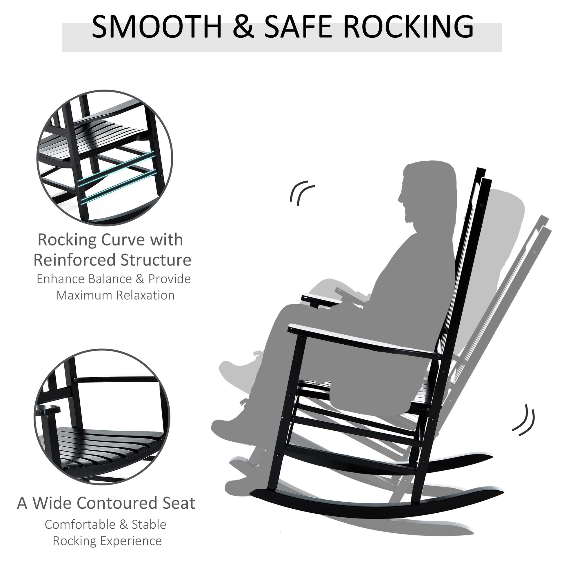 Outsunny Outdoor Rocking Chair, Patio Wooden Rocking Chair With Smooth Armrests, High Back For Garden, Balcony, Porch, Supports Up To 352 Lbs., Black Black Wood