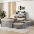 Twin Size Wooden Led Platform Bed With Trundle, With Storage Headboard, With Drawers, Gray Twin Gray Plywood