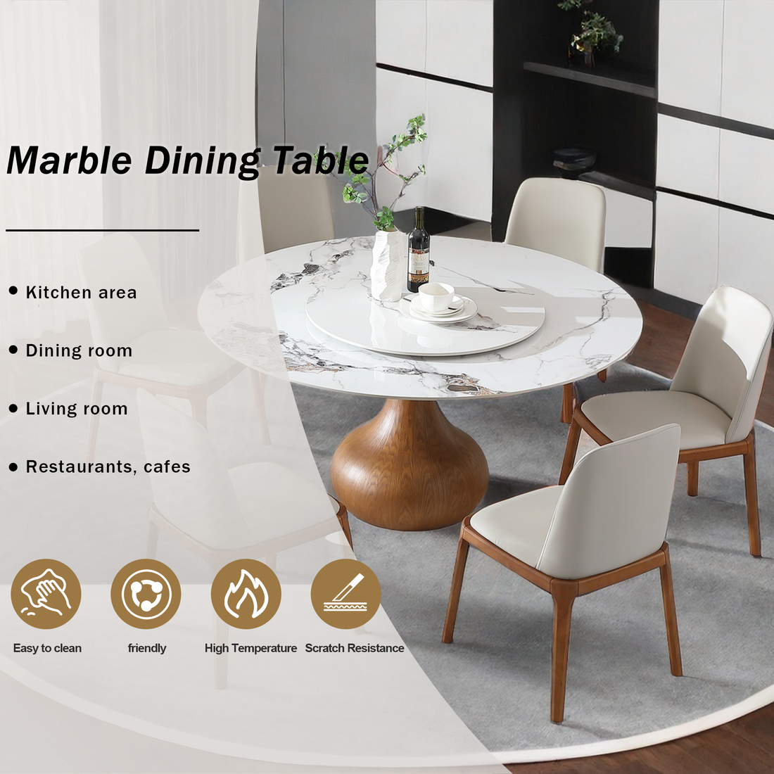 Modern Marble Dining Table, 59" Round Sintered Stone Table For Dining Room, Kitchen, Dinette, Compact Space With Lazy Susan 6 Chairs Walnut,White Dining Room American Design,Luxury,Modern Oak Round