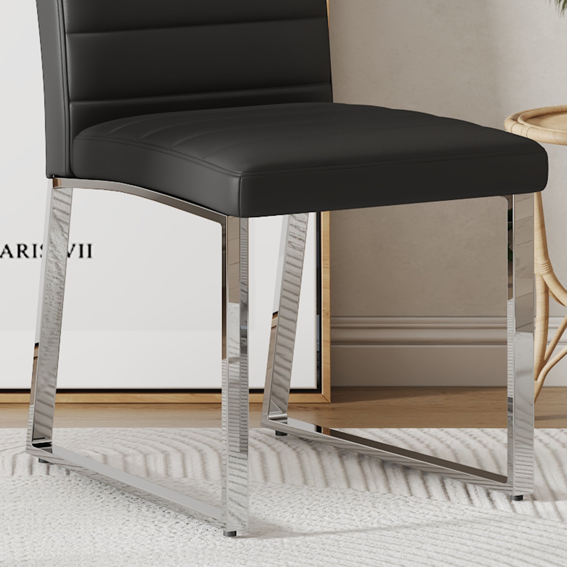 Table And Chair Set, Large Modern Rectangular Glass Table, Can Accommodate 6 8 People, Equipped With A 0.39 Inch Tempered Glass Tabletop And Mdf Table Legs.Paired With Comfortable And Soft Chairs. Black Mdf Glass