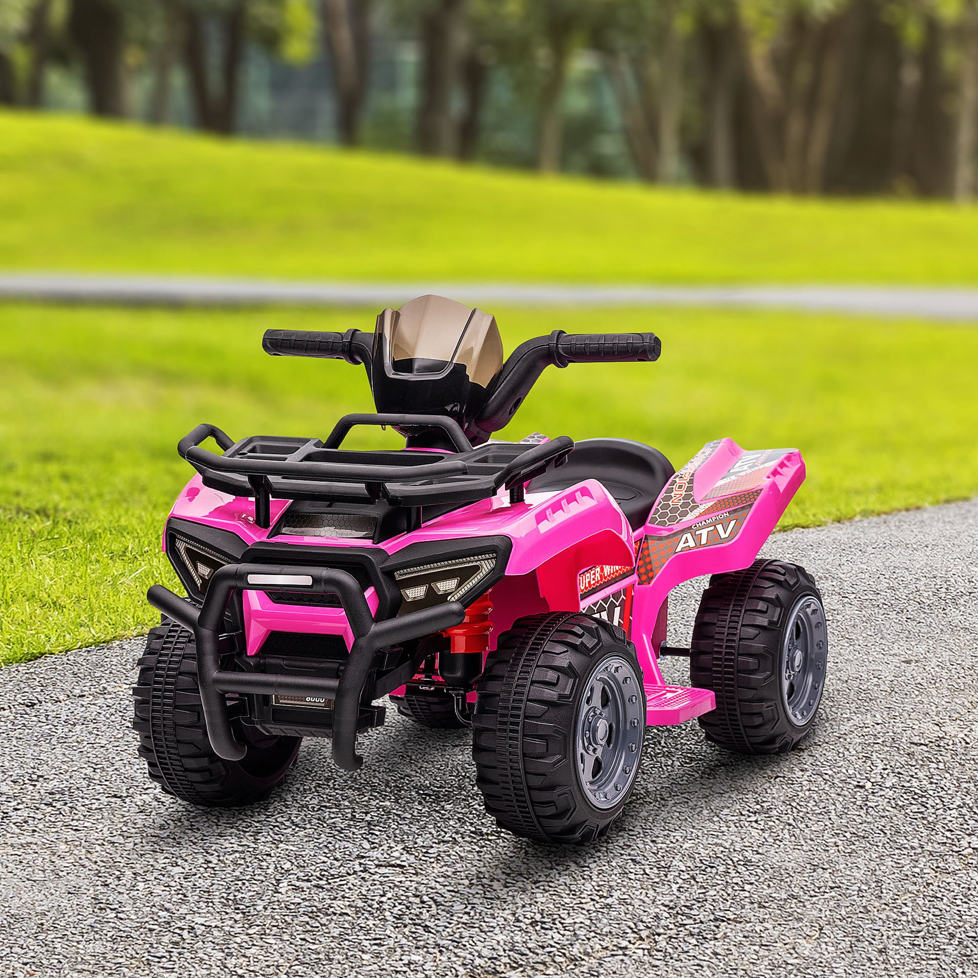 Aosom Kids Atv Four Wheeler Ride On Car, Motorized Quad, 6V Battery Powered Electric Quad With Songs For 18 36 Months, Pink Pink Iron Plastic