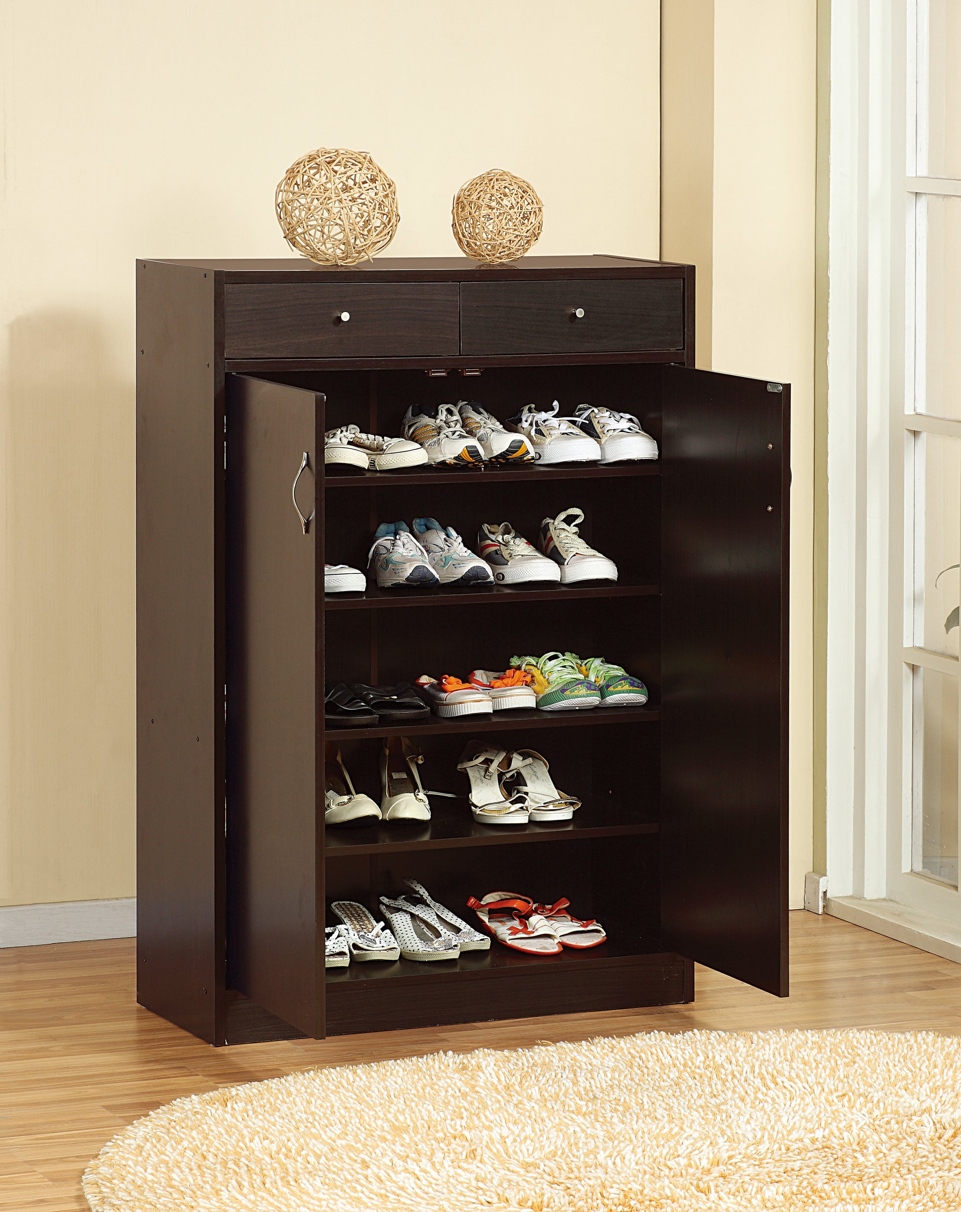 Shoe And Storage Cabinet Two Drawers, Two Doors, Five Shelves In Red Cocoa Dark Brown Mdf