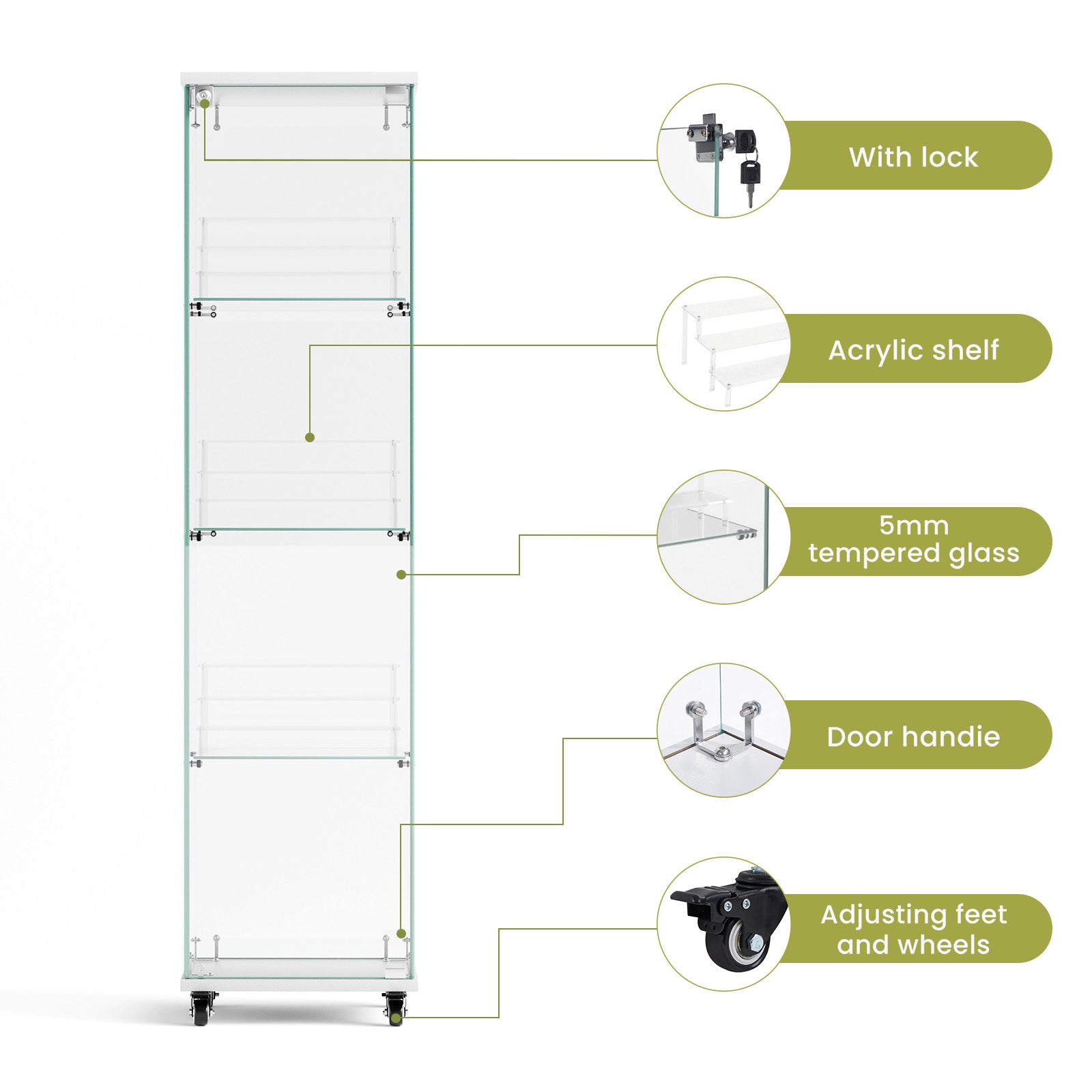 4 Tier Glass Display Cabinet, Single Door Glass Cabinet With Lock And Wheels, Floor Standing Storage Cabinet With 3 Acrylic Shelves For Living Room, Bedroom And Office, White, 15.8"L X 14.2"W X