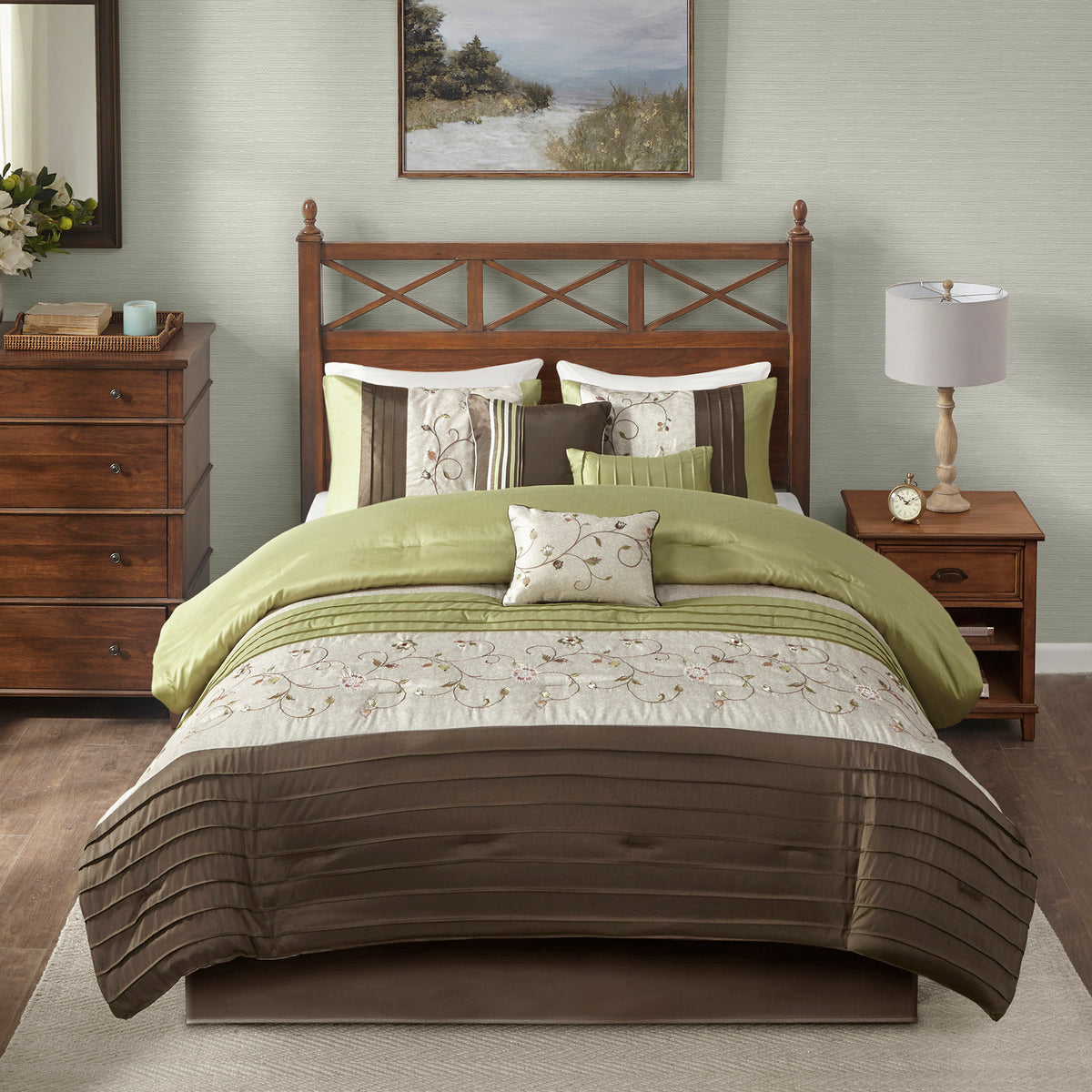 Embroidered 7 Piece Comforter Set Green Cal King California King Green Polyester