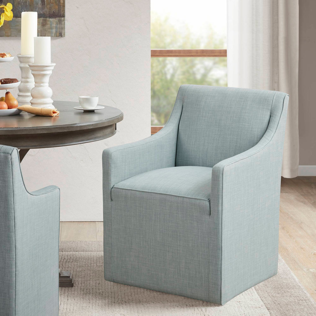 Skirted Dining Arm Chair With Casters Blue Wood