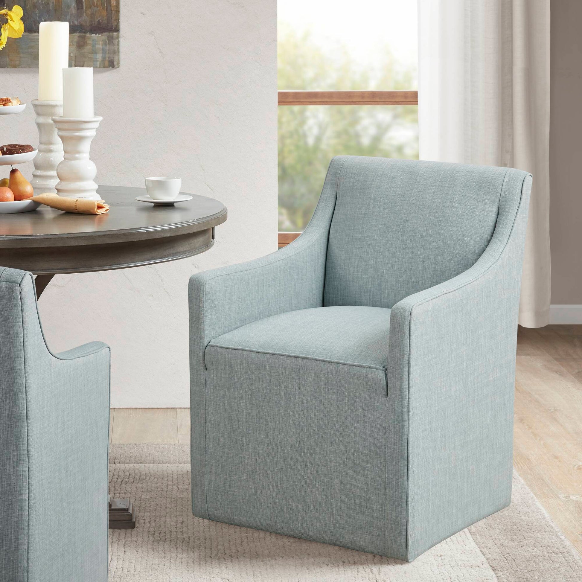 Skirted Dining Arm Chair With Casters Blue Wood