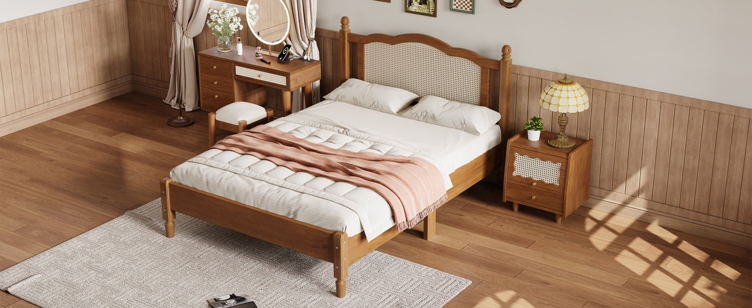 Full Size Wooden Platform Bed With Natural Rattan Headboard, Vintage Bed Frame With Wooden Slat Support, Walnut Expected Arrival Time: 08.23 Box Spring Not Required Full Walnut Wood