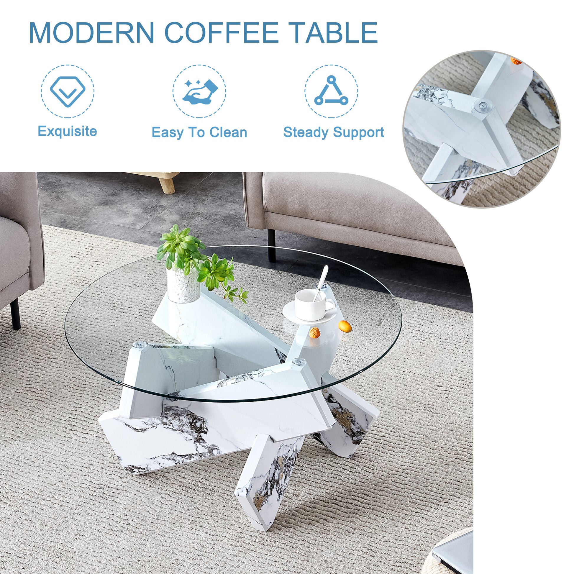 Round Glass Coffee Table, 33.4 "Modern Design Unique Coffee Table. Tempered Glass Countertop With White Patterned Mdf Legs. Suitable For Living And Dining Rooms White Mdf Glass