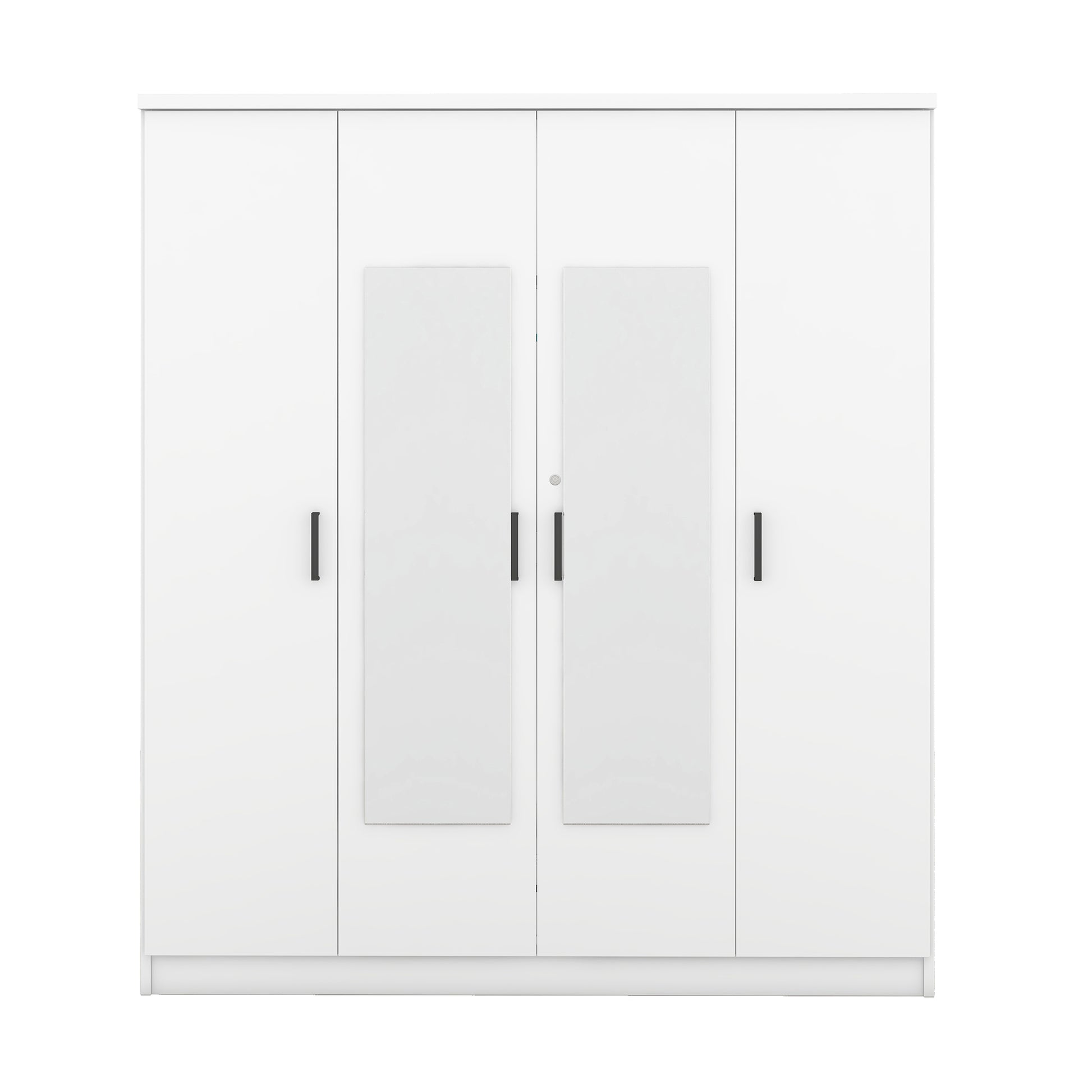 4 Door Mirror Wardrobe With Shelves, White White Plywood