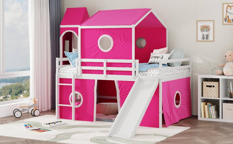 Full Size Loft Bed With Slide Pink Tent And Tower Pink Old Sku:Wf298771Aah Full Pink Solid Wood