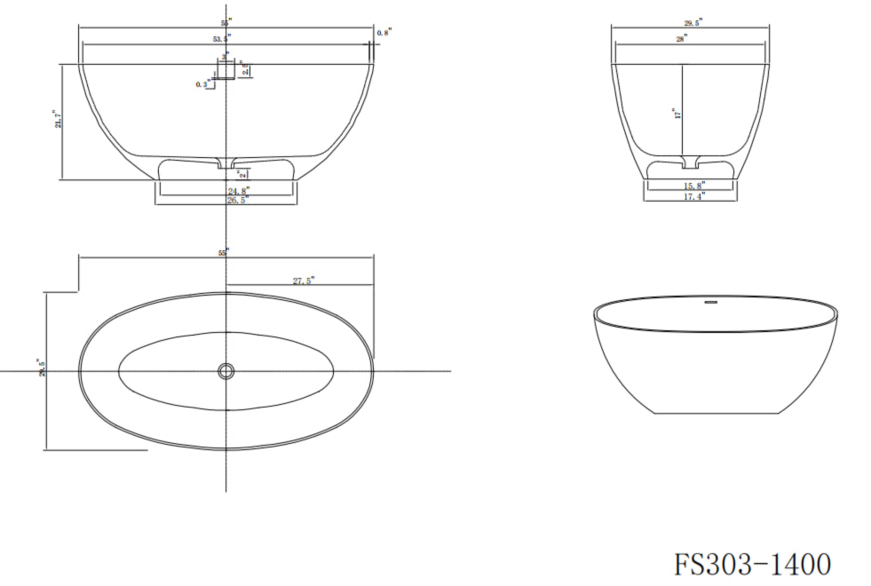 55" Solid Surface Soaking Bathtub Matte White Freestanding Tubs Matte Center Front Solid Surface