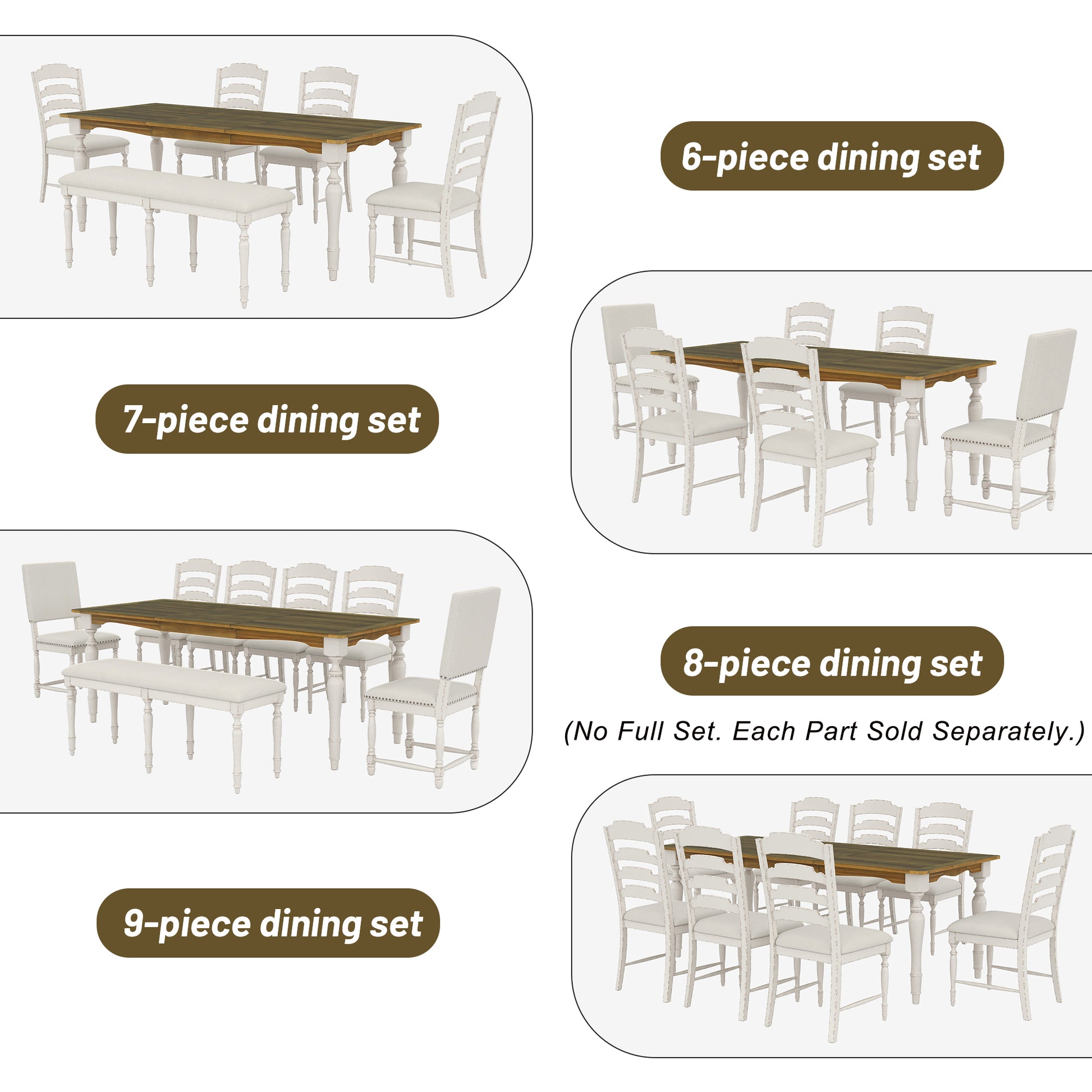 Vintage Traditional 7 Piece 82.7Inch Extendable Dining Table Set With 23.6Inch Removable Leaf, 4 Serrated Back Chairs And 2 Upholstered Back Dining Chairs For 6, Cream Brown Wood Dining Room Distressed Finish Rubberwood Rectangular Dining Table With