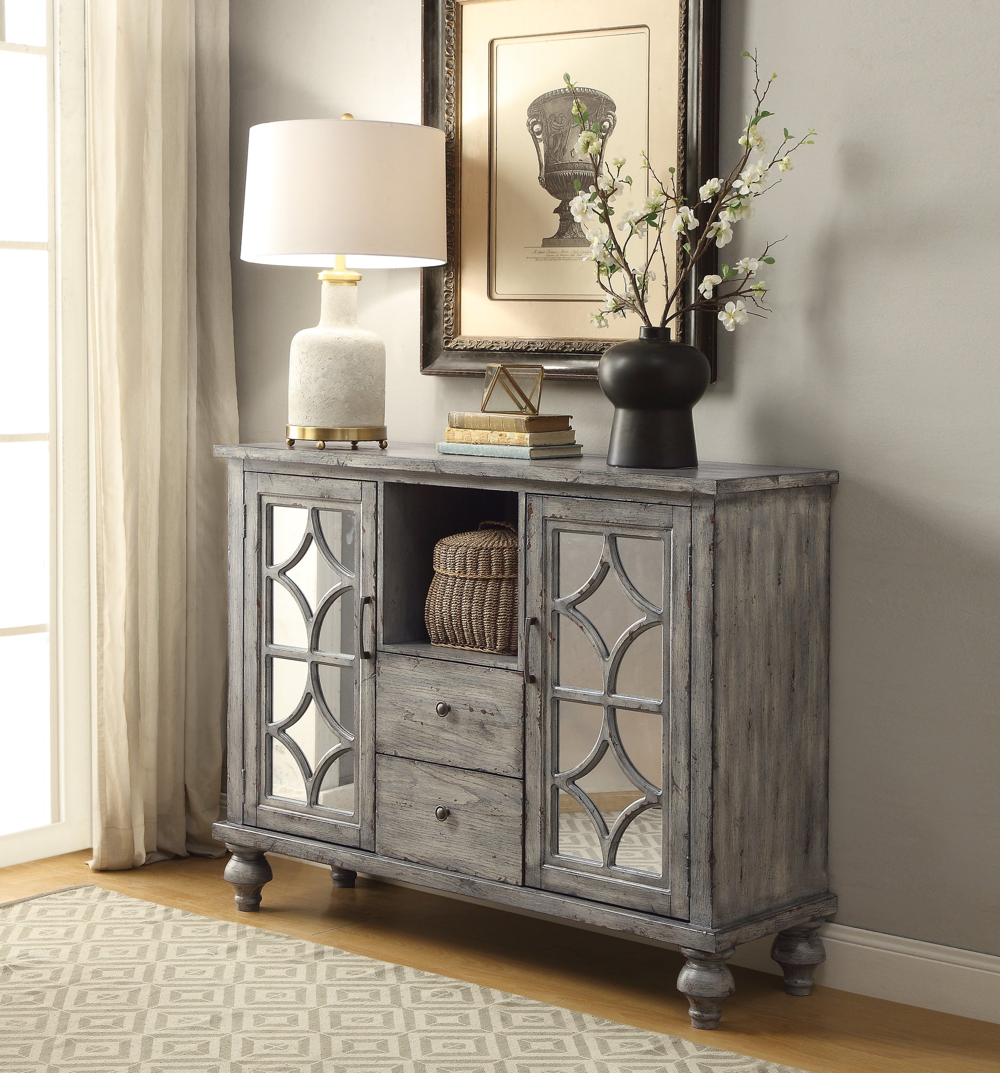 Velika Weathered Gray Finish Console Table W 1 Open Compartment Storage Gray Synthetic Wood
