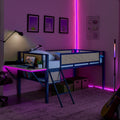 Single Metal Loft Bed With Rectangular Desk, Led Lights, Led Loft Bed Frame Double Bed With Storage Shelves And Hanging Storage Compartments, Safety Guard And Ladder, No Box Springs Required, Rattan G Twin Black Natural Mdf Iron