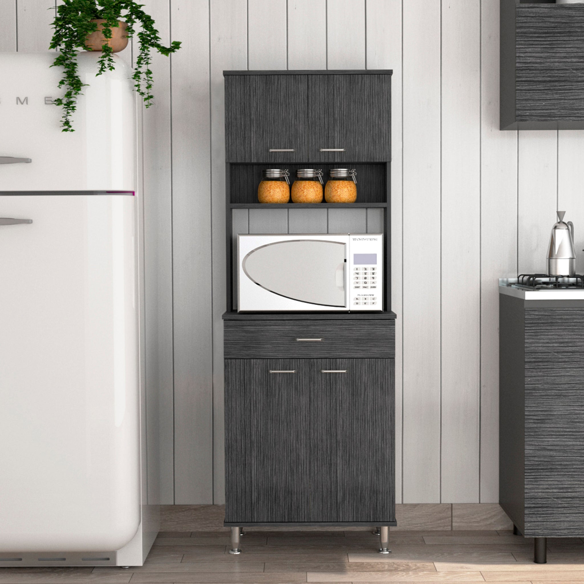 Bay Area Pantry, Two Door Cabinets, One Drawer, Four Adjustable Metal Legs Gray Kitchen Modern Melamine Engineered Wood