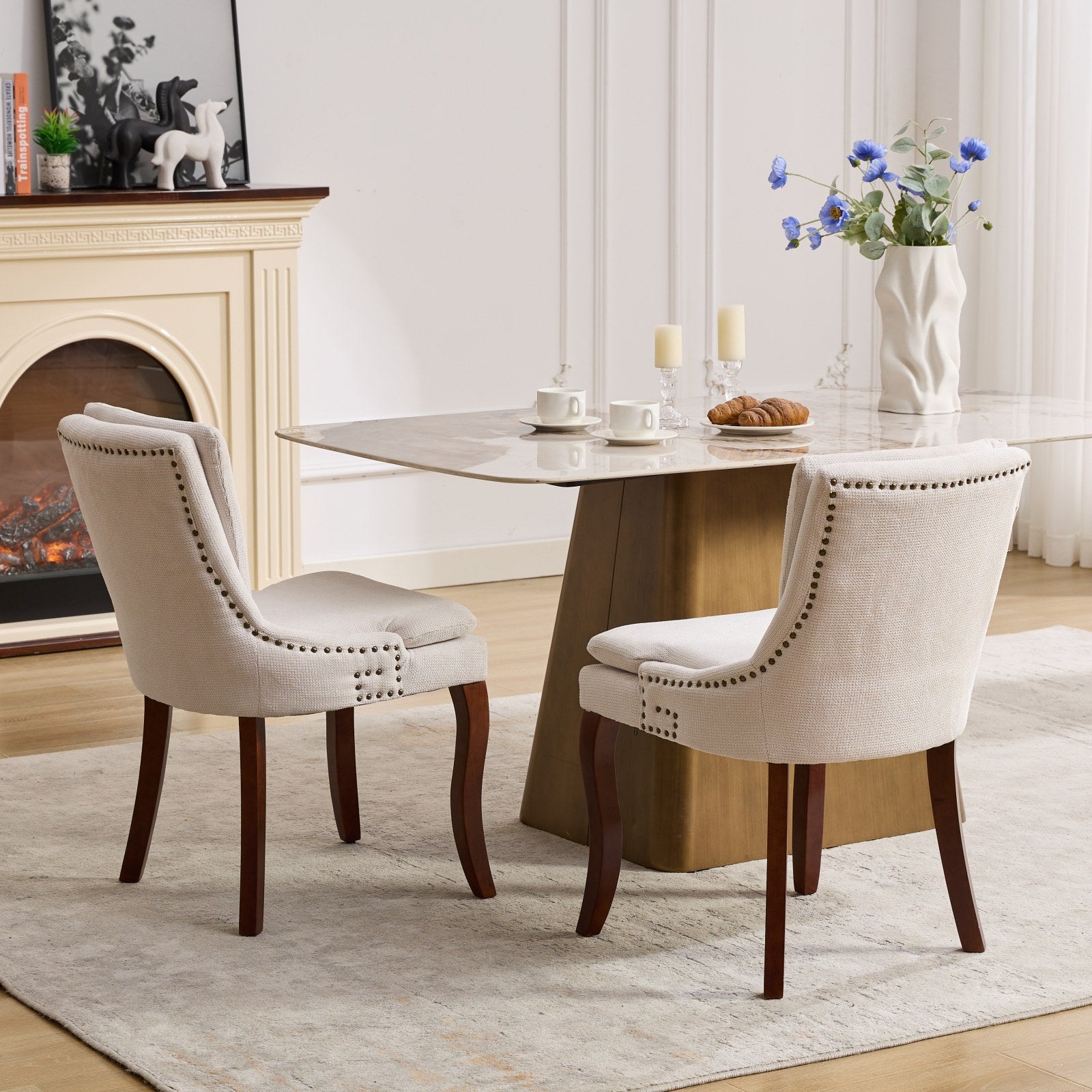 Modern Dining Chairs Set Of 2,Double Layer Cushioned Chenille Fabric Upholstered Accent Side Leisure Chairs With Mid Back And Curved Solid Wood Legs For Living Room Dining Room Beige Beige American Design Dining Chairs Rubberwood Set Of 2 Foam Chenille