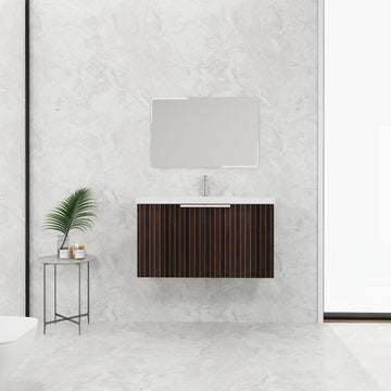 36 Inch Bathroom Cabinet With Resin Sink,Soft Close Doors,Float Mounting Design Silver Brown Stripe Bathroom Modern Plywood Plywood
