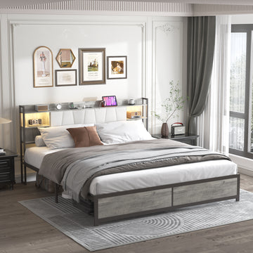 King Size Bed Frame With Led Light & Power Outlet, Platform Bed With Upholstered Headboard And Storage, Sturdy Metal Slats Support, No Box Spring Needed, Easy Assembly, Noise Free Box Spring Not Required King Dark Oak Metal Bedroom Modern Bed Frame Mdf