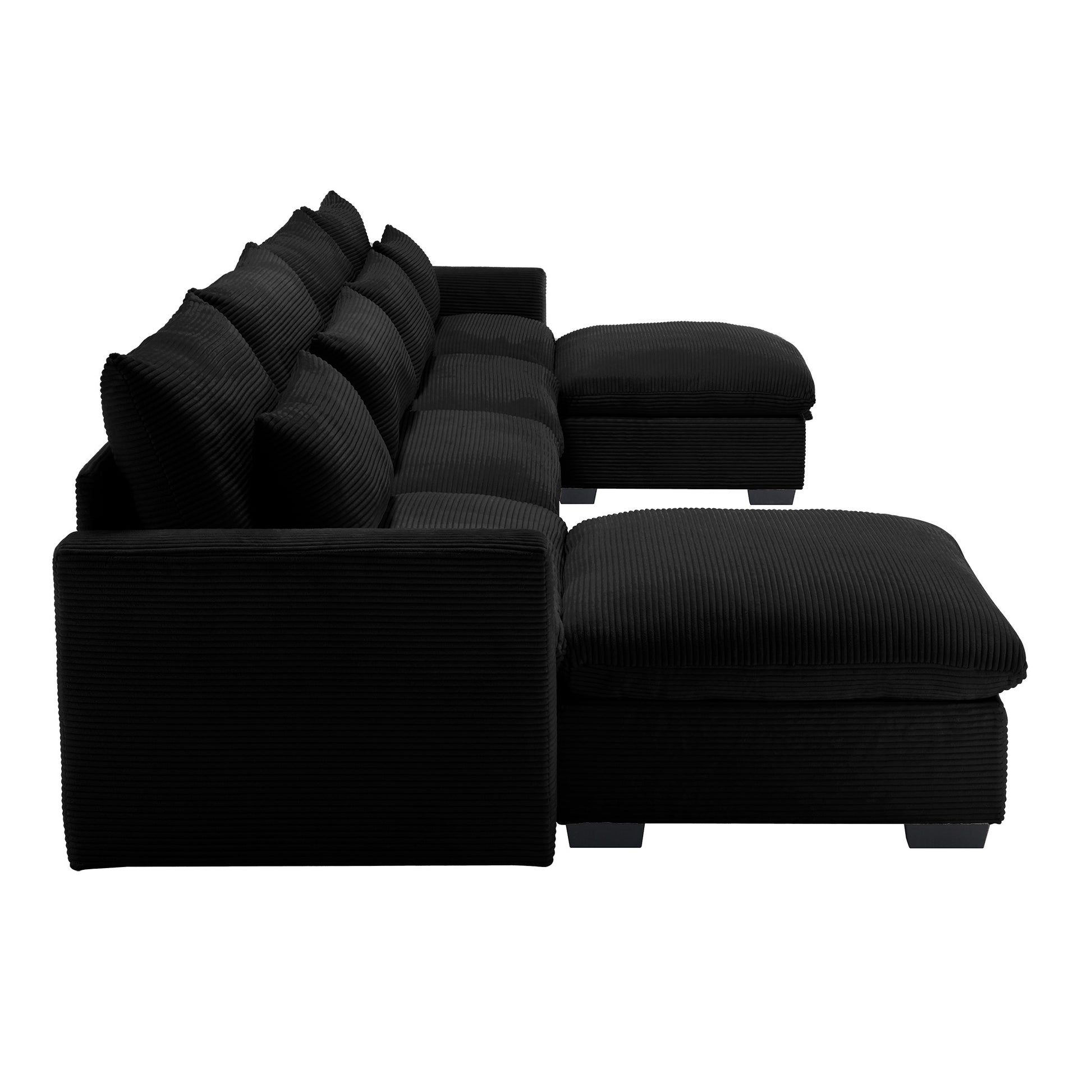 Big Deep Seat U Shaped Corduroy Sectional Couches For Living Room, 4 Seater Sofa Couch With 2 Storage Footstool And 4 Waist Pillows Corduroy, Black Black Corduroy 4 Seat