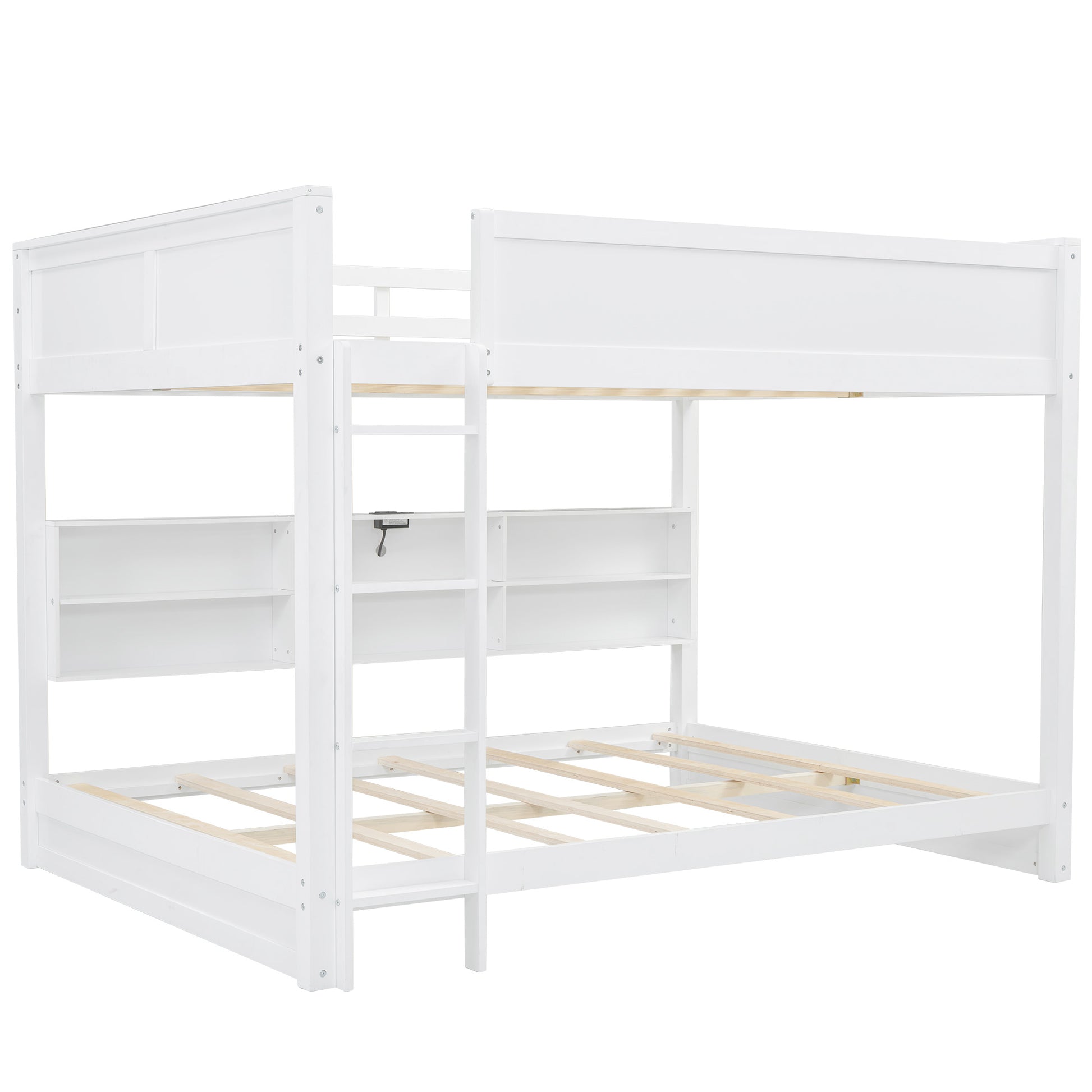 Queen Over Queen Bunk Bed With Storage Cabinets And Usb Ports, White Expected Arrival Time: 10.26 White Solid Wood Mdf