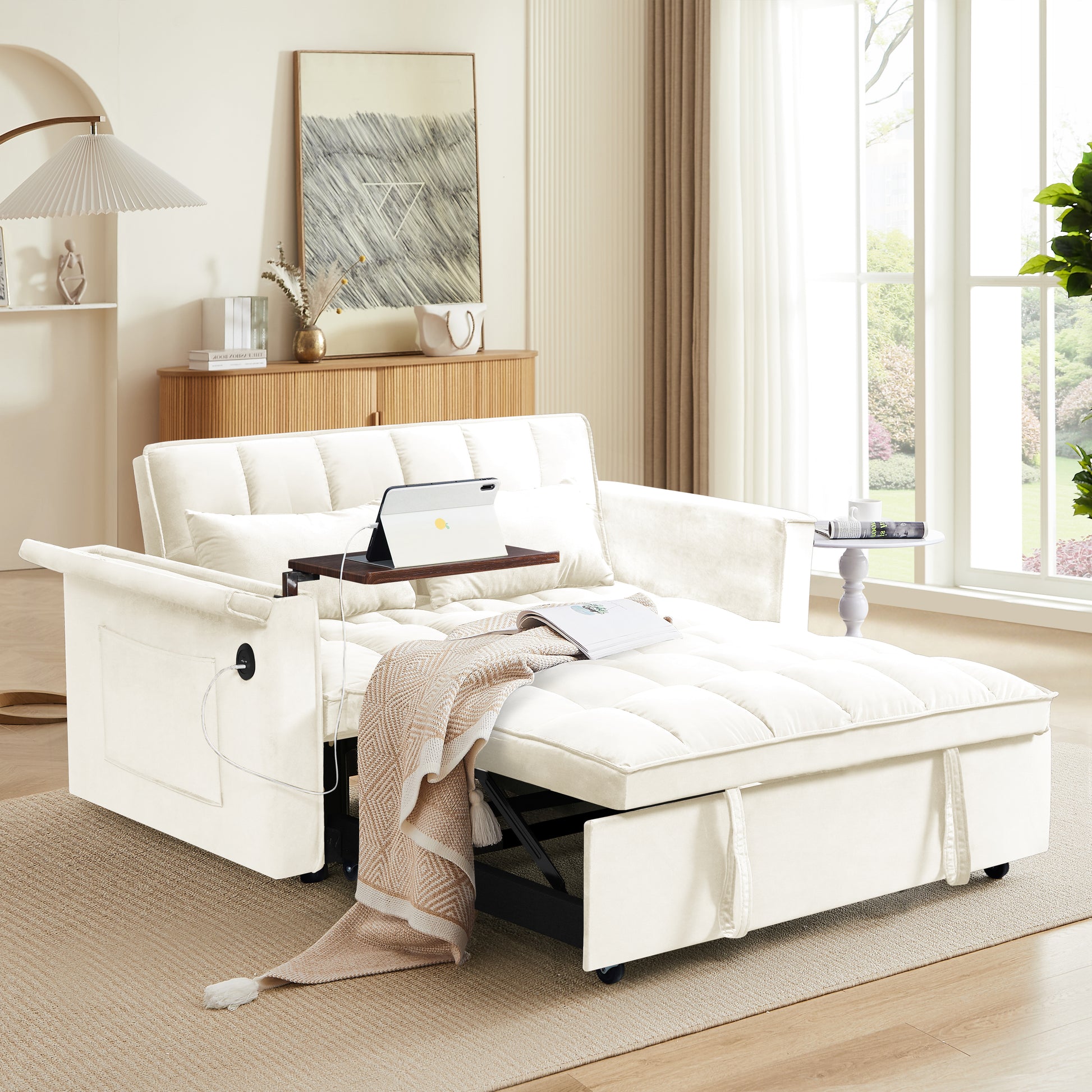 55.5 "3 In 1 Foldable Sofa Bed, Modern Velvet Double Sofa, Sofa Bed With Adjustable Back, Storage Bag And Pillow, Hidden Living Room Laptop Desk With Usb Port, Suitable For Living Room, Bedroom