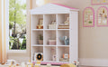 House Shaped Storage Rack With Nine Storage Compartments, Three Layer Storage Shelf With Colorblock Design, White Pink Pink White Particle Board