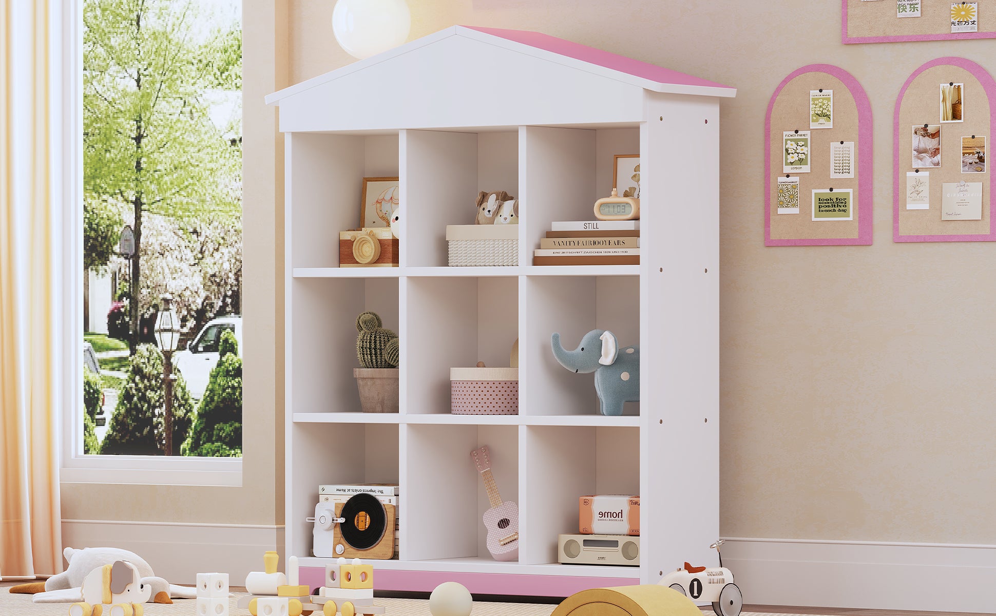 House Shaped Storage Rack With Nine Storage Compartments, Three Layer Storage Shelf With Colorblock Design, White Pink Pink White Particle Board