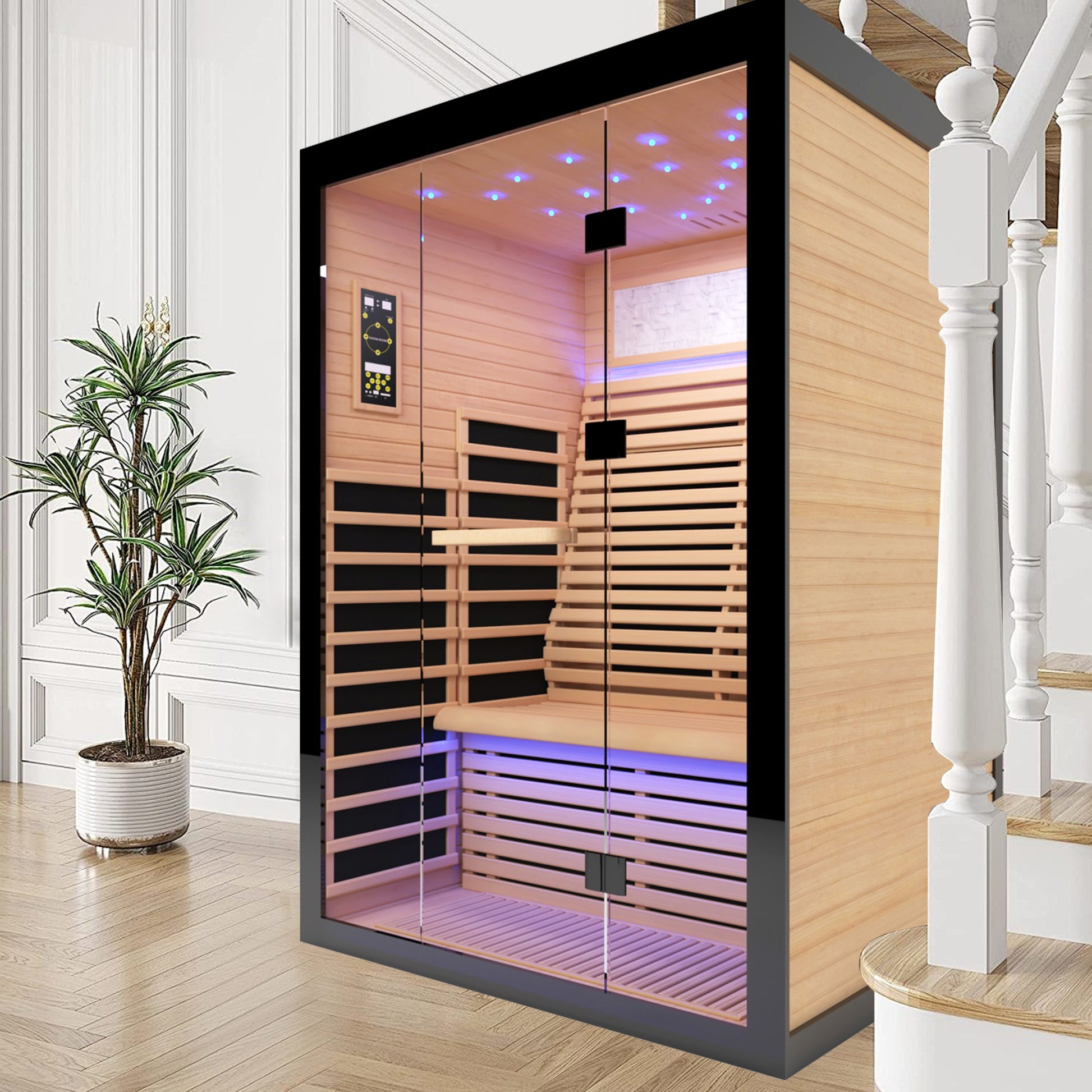 Luxury Double Sauna Room Black Natural Wood Paper Glass