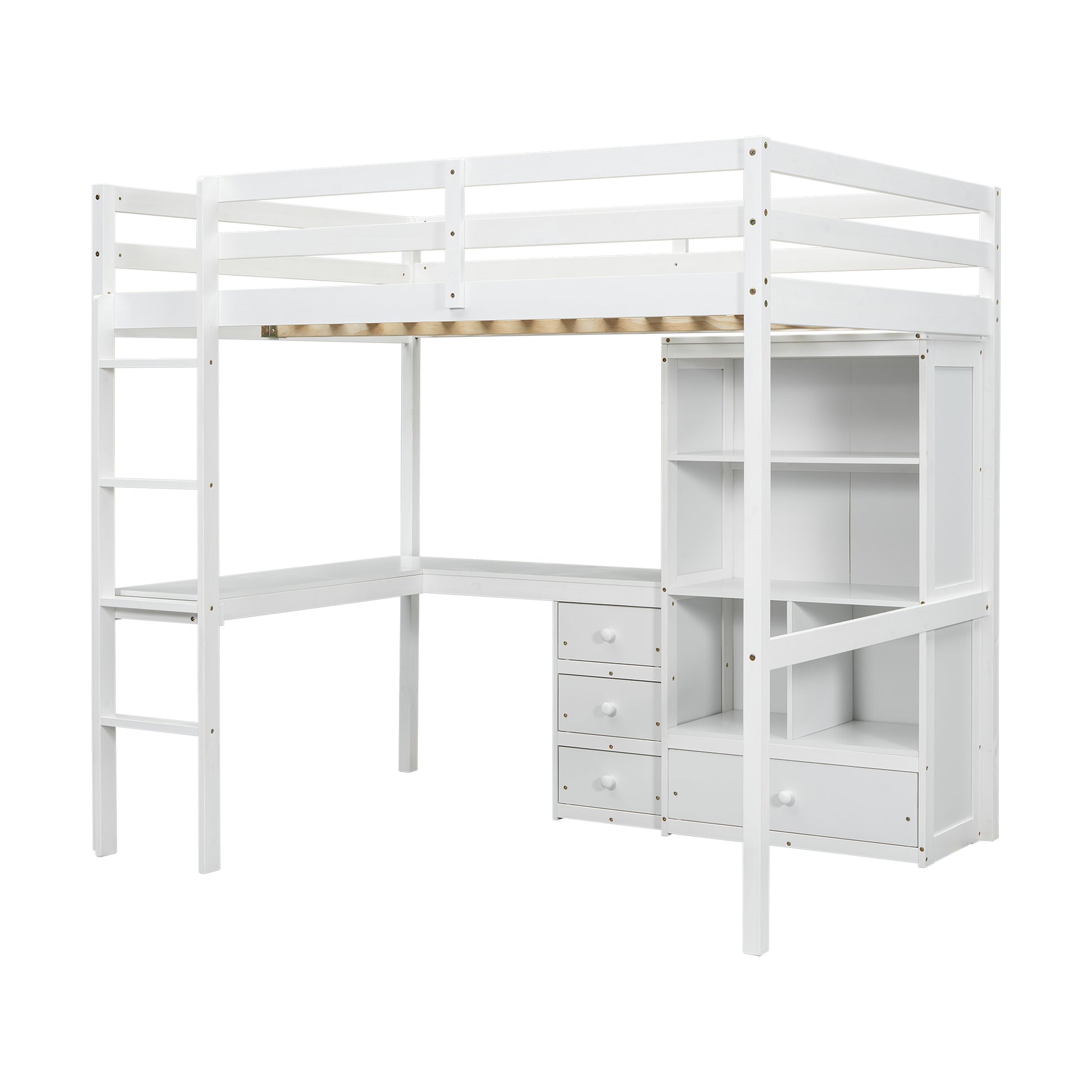 Full Size Loft Wood Bed With Desk, Storage Shelves And Drawers, Built In Ladder, High Loft Bed With Desk, Storage Shelves And Drawers,Guardrails,White Full White Pine