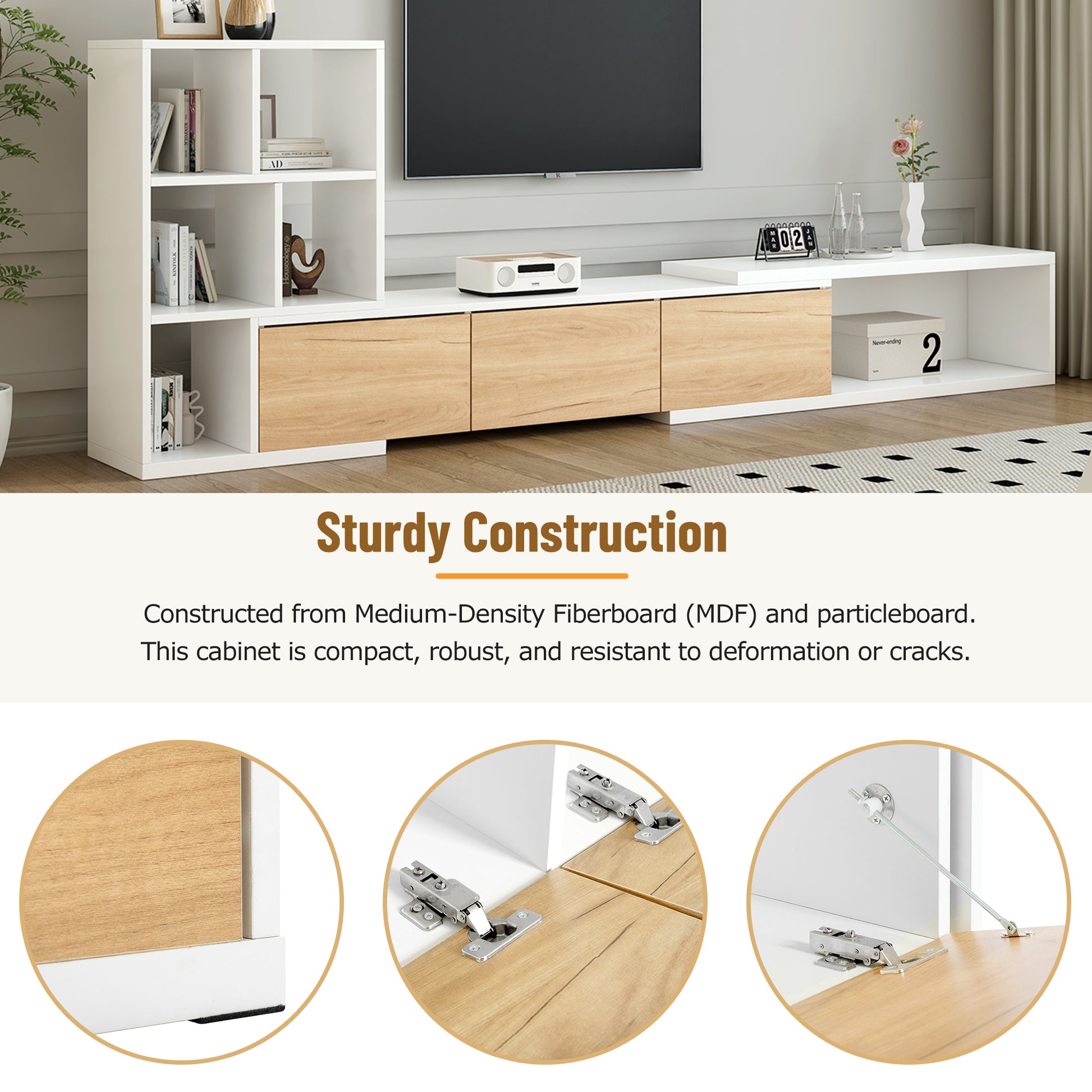 74.8'' 126'' Extendable Tv Stand With 3 Tier Bookshelves For Tvs Up To 110'', Adjustable Entertainment Center With Storage Cabinets, Sliding Tabletop Media Console For Living Room, White White