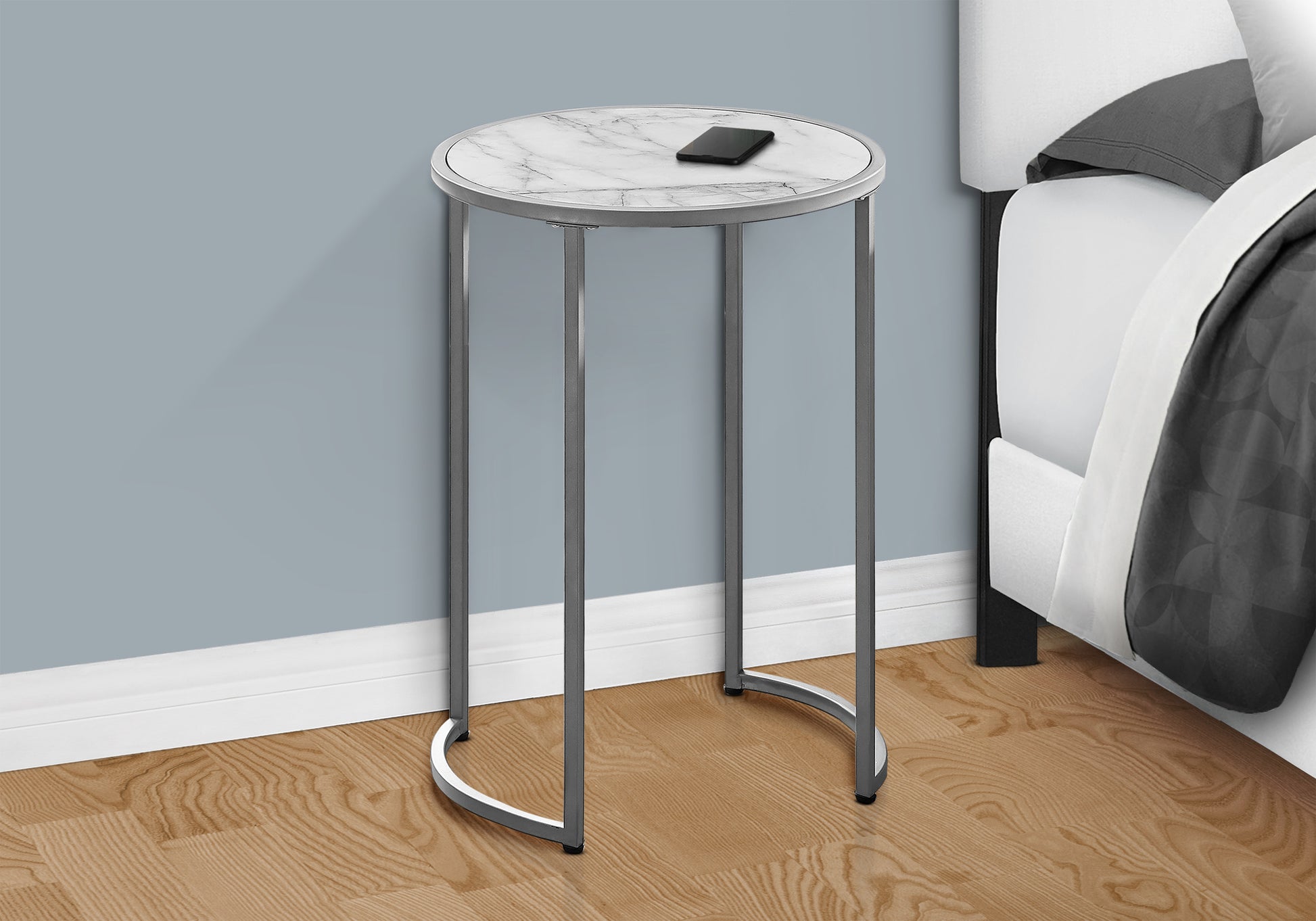 Accent Table, Side, Round, End, Nightstand, Lamp, Living Room, Bedroom, White Marble Look Laminate, Grey Metal, Contemporary, Modern White Metal