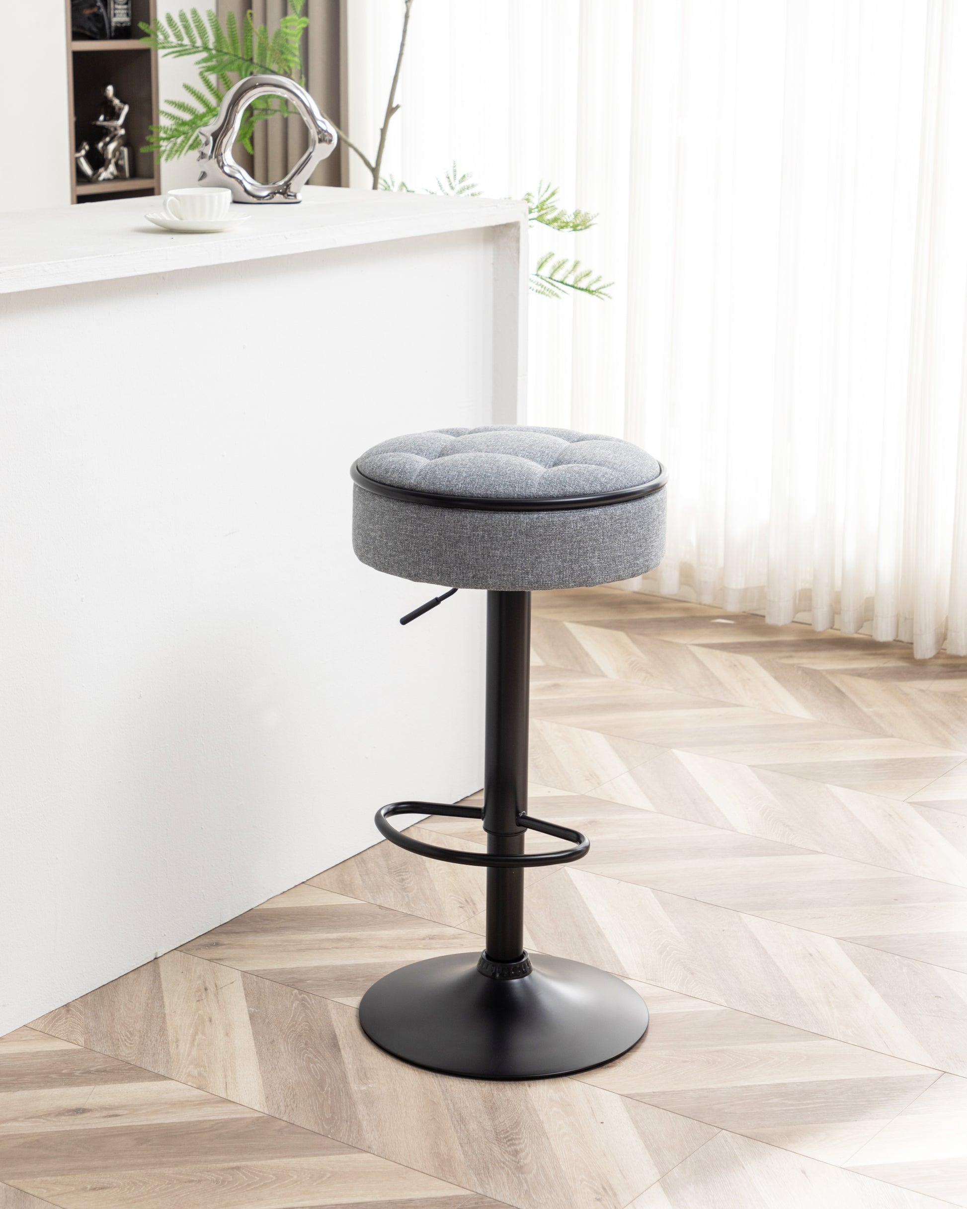Round Storage Bar Stool Set Of 2, Grey Linen Height Adjustable Barstool, 360 Counter Height Swivel Stool, Armless Bar Chair With Metal Frame For Kitchen Counter Dining Living Room Grey Set Of 2 Foam Linen