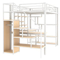 Full Size Metal Loft Bed With Storage Staircase And Small Wardrobe, Built In Desk And Storage Shelves, White Full White Metal