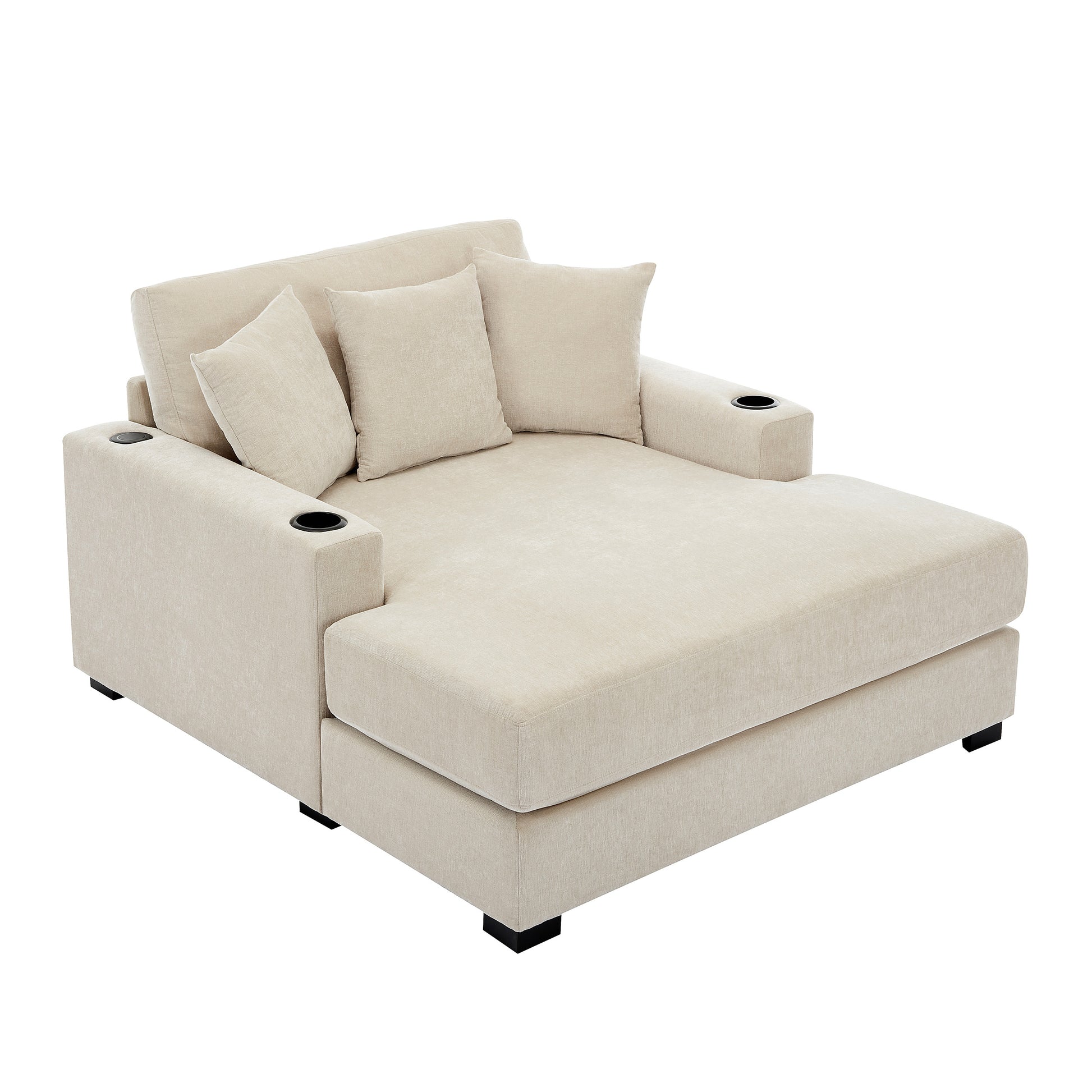 55" Oversized Chaise Lounger Modern Style Sofa Couch ,With Pillows, Charge Station & Cup Holders, Chenille Fabric, Cream Cream Chenille