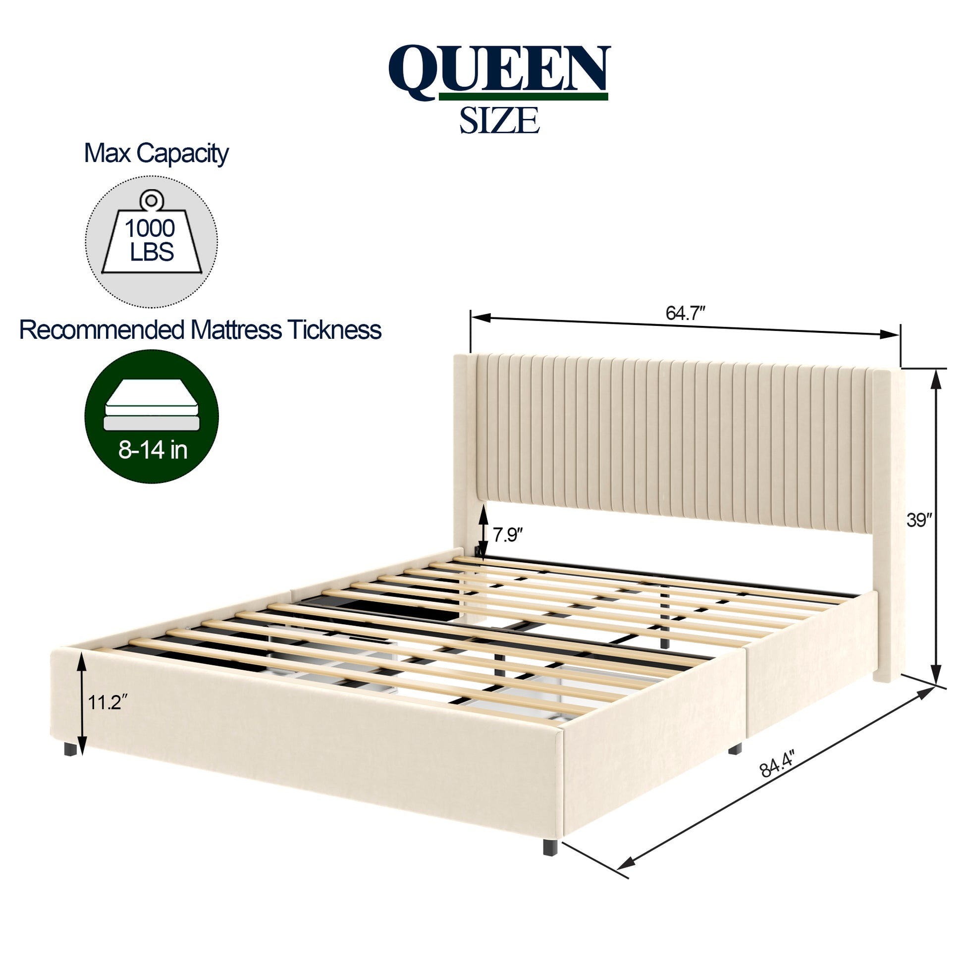 Same As B083P156196 Anna Patented 2 Drawer Storage Bed Queen Ivory Velvet Upholstered Wingback Platform Bed Modern Design Headboard With Tight Channel Wooden Slat Mattress Support No Box Spring Needed Box Spring Not Required Queen Ivory Metal Bedroom