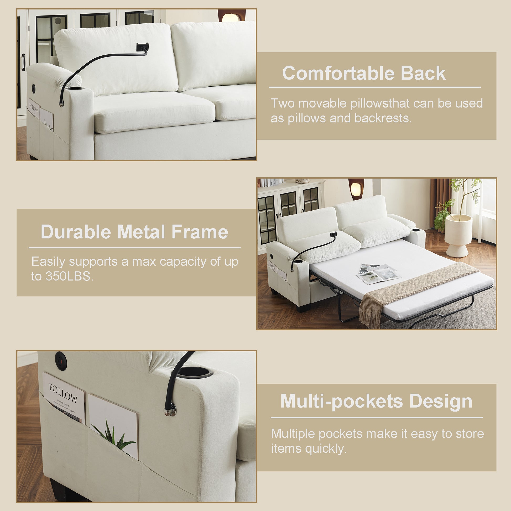 73.63*27.95 Pull Out Sofa Bed, Chenille Material, Pull Out Queen Sofa Bed With Memory Foam Mattress, For Living Room, Bedroom, Office, Apartment, White White Minimalist Chenille,Metal & Wood