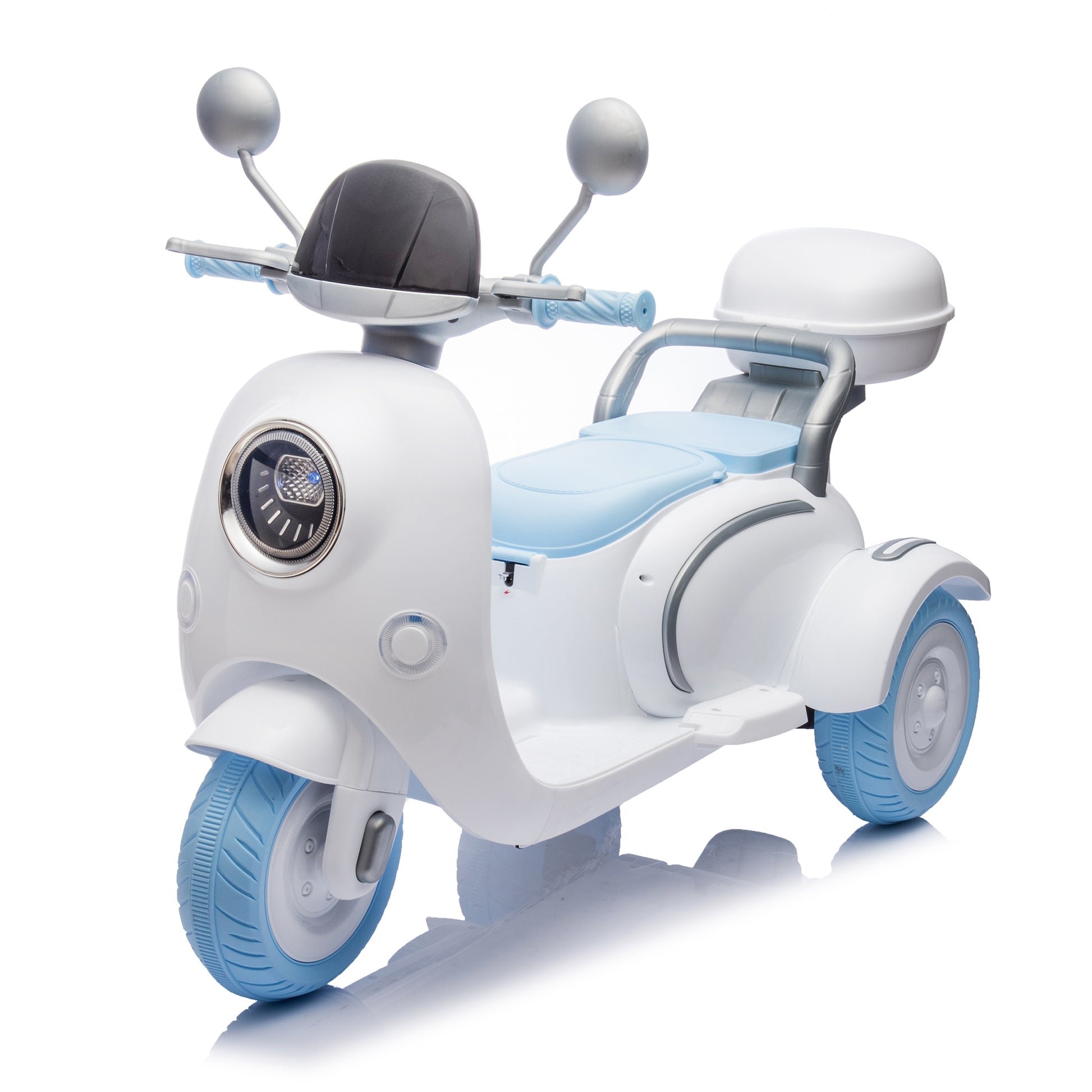 12V Two Seater Kids Ride On Electric Motorcycle,Three Wheels Kids Toy With Slow Start,Multi Function Player,Usb,Bluetooth, Light,Backseat Flip Adult Seat, Oversized Storage Box For Kids Aged 3 6. Blue 100 149 Lbs Polypropylene