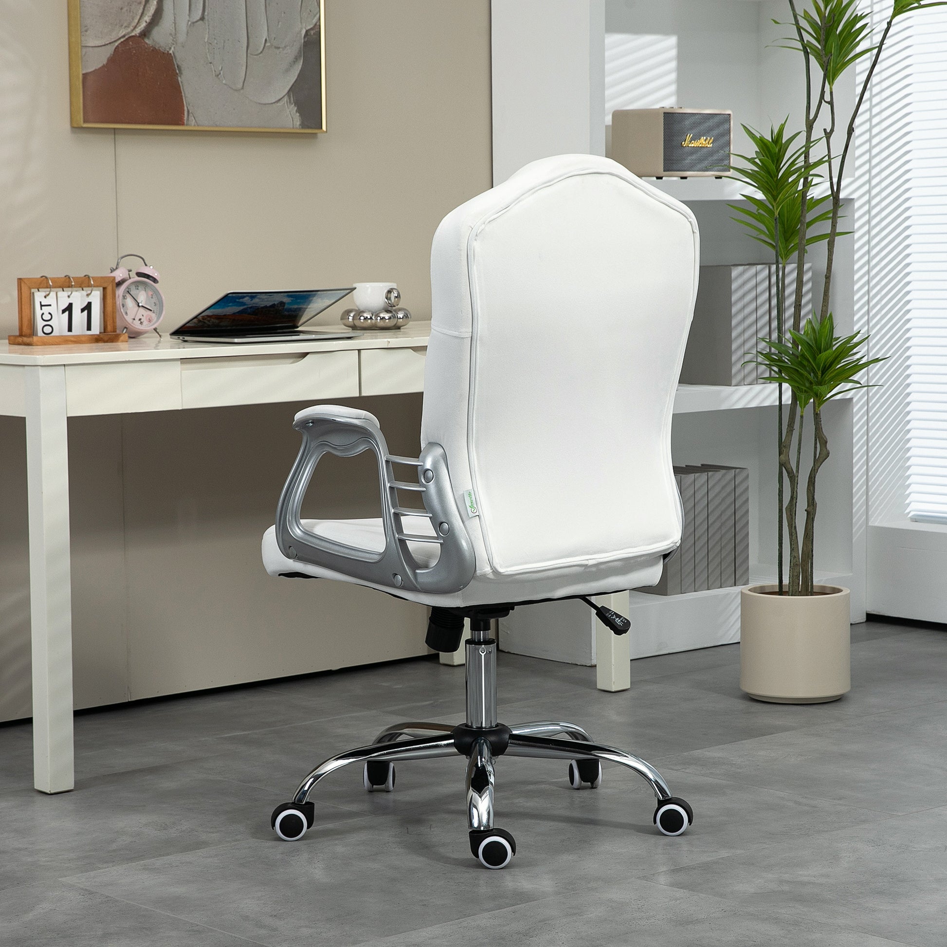 Vinsetto Home Office Chair, Velvet Computer Chair, Button Tufted Desk Chair With Swivel Wheels, Adjustable Height, And Tilt Function, White White Polyester