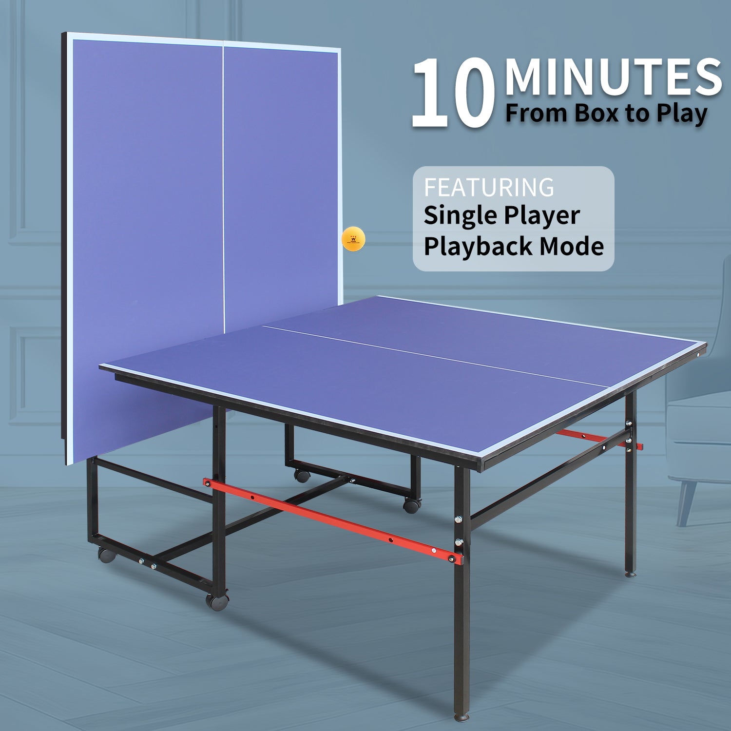 8Ft Mid Size Table Tennis Table, Foldable Ping Pong Table For Indoor & Outdoor Games With Net, 2 Table Tennis Paddles And 3 Balls Blue Mdf