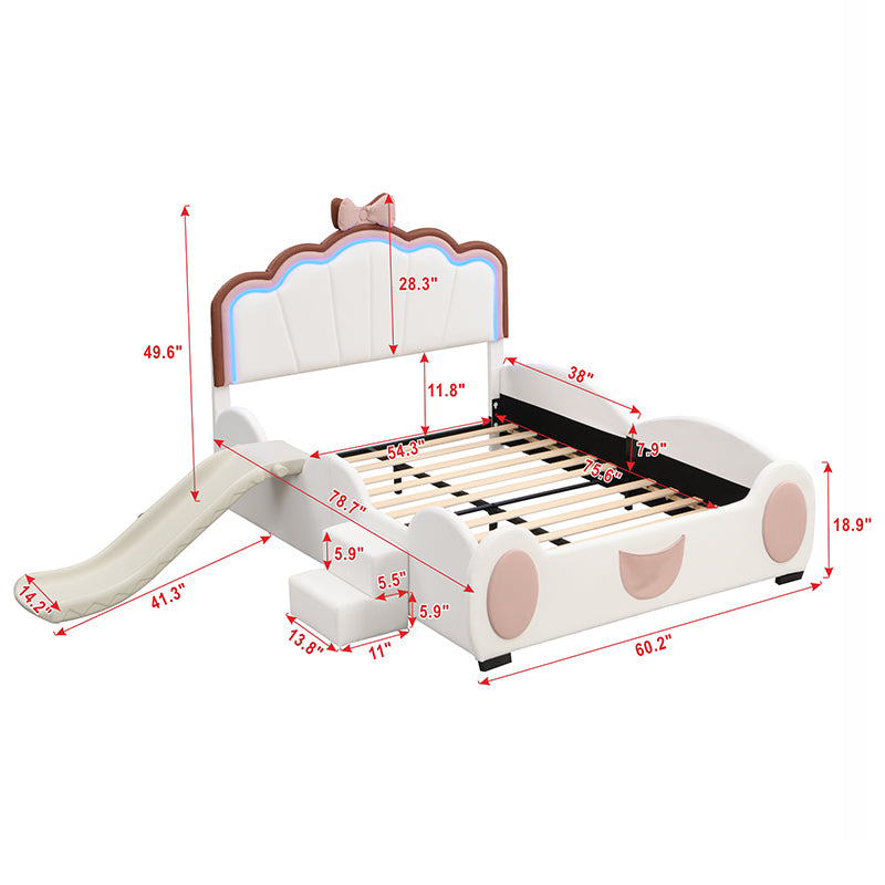 Full Size Upholstered Led Light Platform Bed With Shell Headboard And Children'S Slide, Pink Box Spring Not Required Full Pink White Wood Bedroom Bed Frame Faux Leather Upholstered