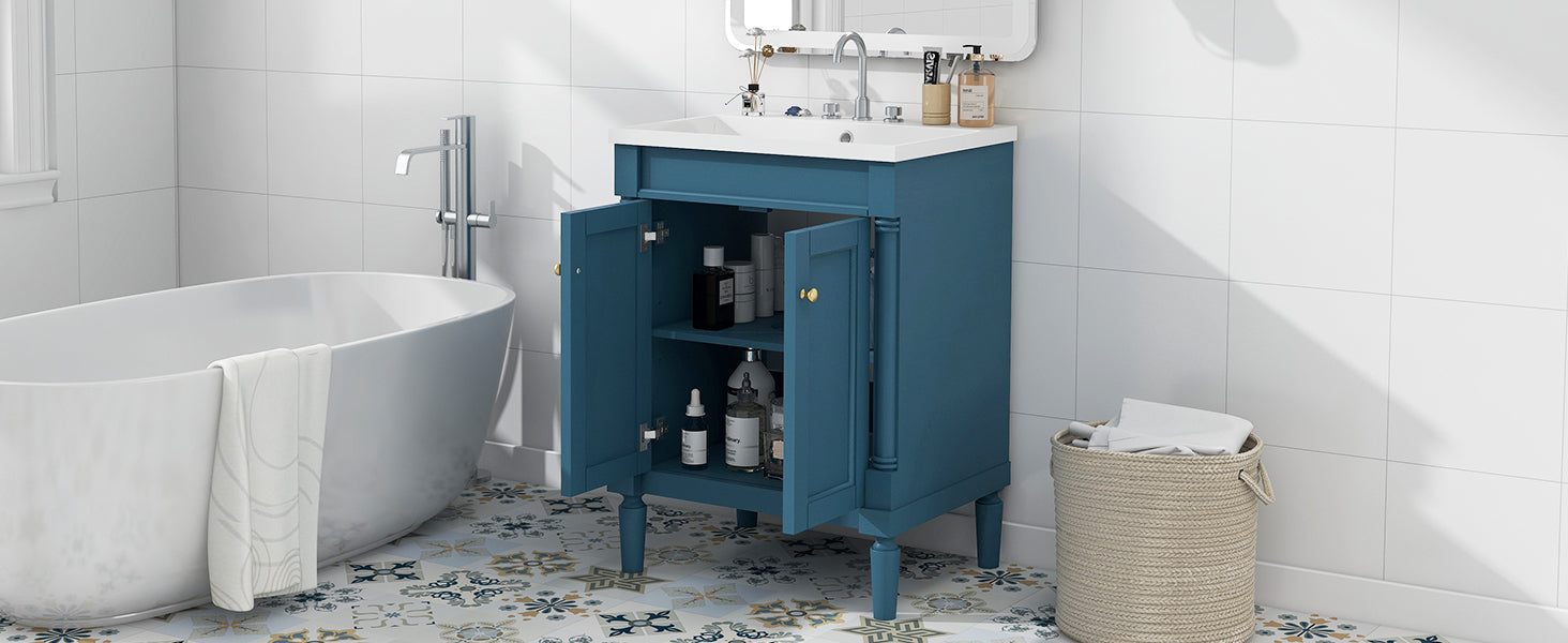 24'' Bathroom Vanity With Top Sink, 2 Tier Modern Bathroom Storage Cabinet, Single Sink Bathroom Vanity, Large Storage Shelves Blue 2 1 Adjustable Hinges Freestanding Modern Solid Wood Mdf Resin Painted