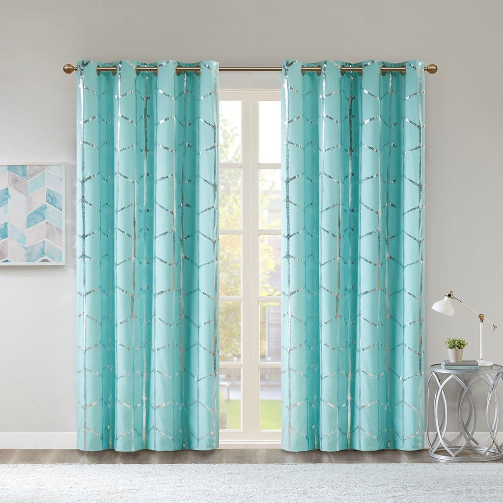 Total Blackout Metallic Print Grommet Top Curtain Panel Only 1 Pc Panel Aqua Silver Microfiber