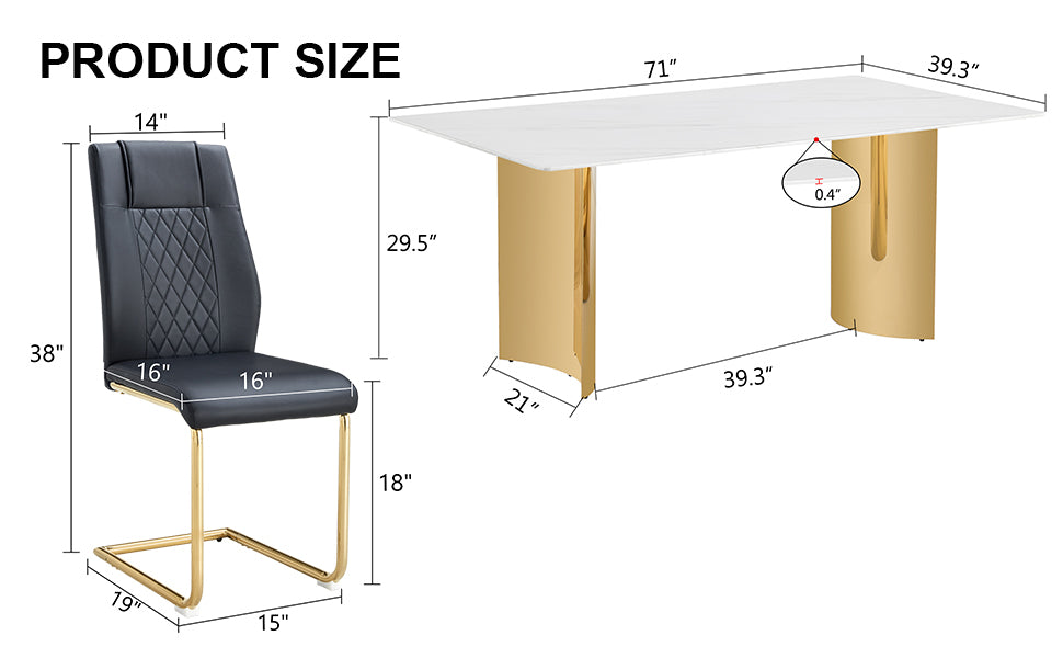 Table And Chair Set.The Table Has A Glass Tabletop With Imitation Marble Pattern Stickers And Stainless Steel Golden Table Legs. Paried With Comfortable Chairs With Pu Seats And Metal Legs. White Gold Seats 8 Glass Metal