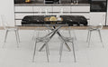 Table And Chair Set.Modern Luxurious Black Marble Patterned Tempered Glass Dining Table Set With 6 Transparent Pp Chairs.Multiple Transparent High Quality Pp Dining Chairs With Silver Legs. Black