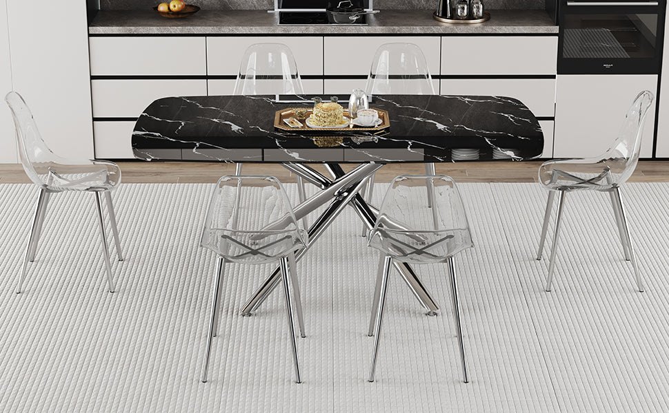 Table And Chair Set.Modern Luxurious Black Marble Patterned Tempered Glass Dining Table Set With 6 Transparent Pp Chairs.Multiple Transparent High Quality Pp Dining Chairs With Silver Legs. Black