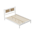 Full Size Wooden Platform Bed With Natural Rattan Headboard, Exquisite Elegance With Minimalist Charm For Bedroom, White White Particle Board