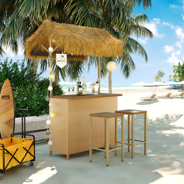 Hawaiian Style Bar Height Patio Set With Pe Grass Canopy, Outdoor Bar Table And Stools With Adjustable Feet, Acacia Wood Top, For Dining And Drinking, Natural Antique Natural Seats 2 Garden & Outdoor Wicker