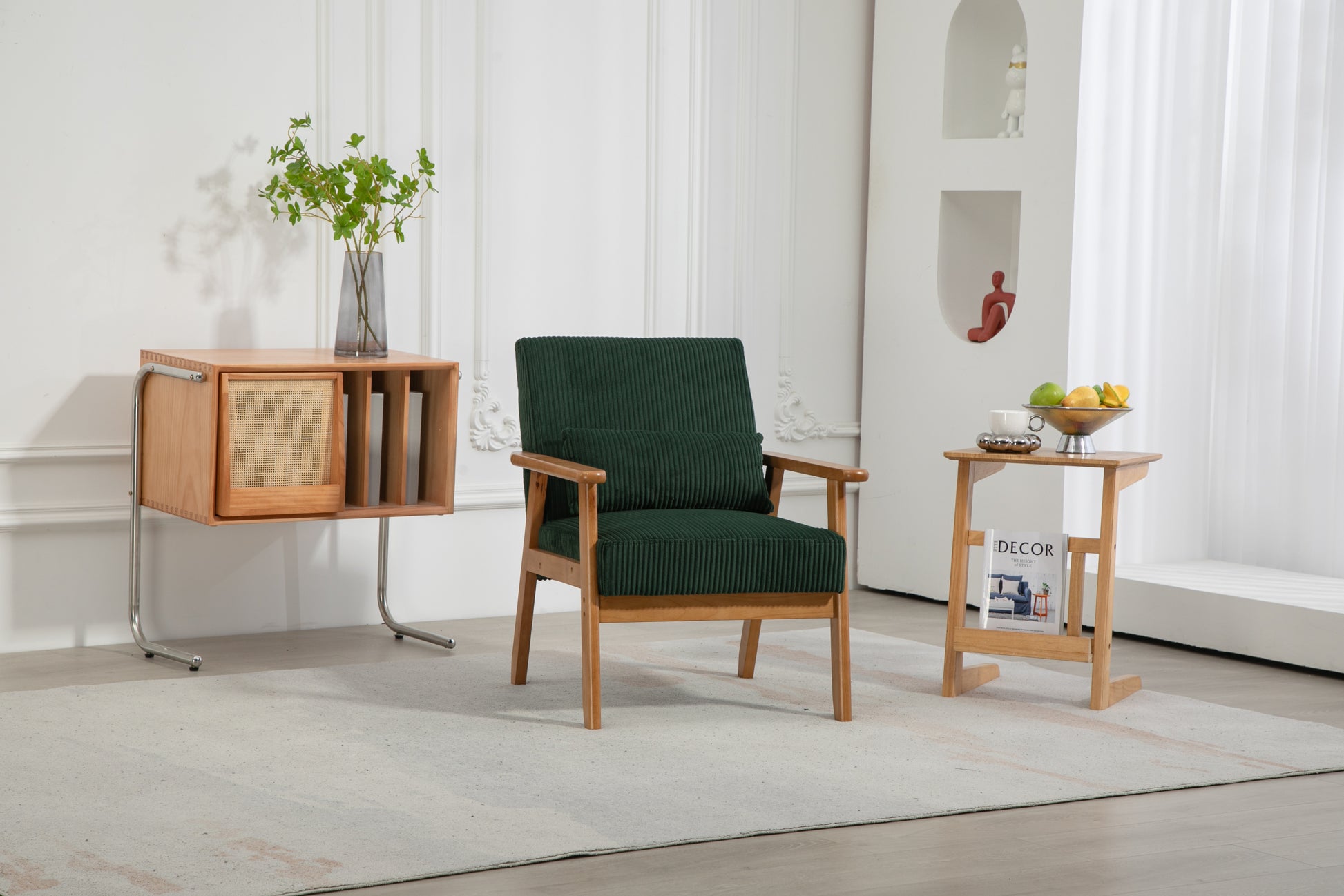 Leisure Chair With Solid Wood Armrest And Feet, Leisure Chair, Wood Frame, Velvet, L, Solid Rubber Wood Legs, Mid Century Modern Accent Chair, For Living Room Bedroom Studio Chair Emerald Corduroy