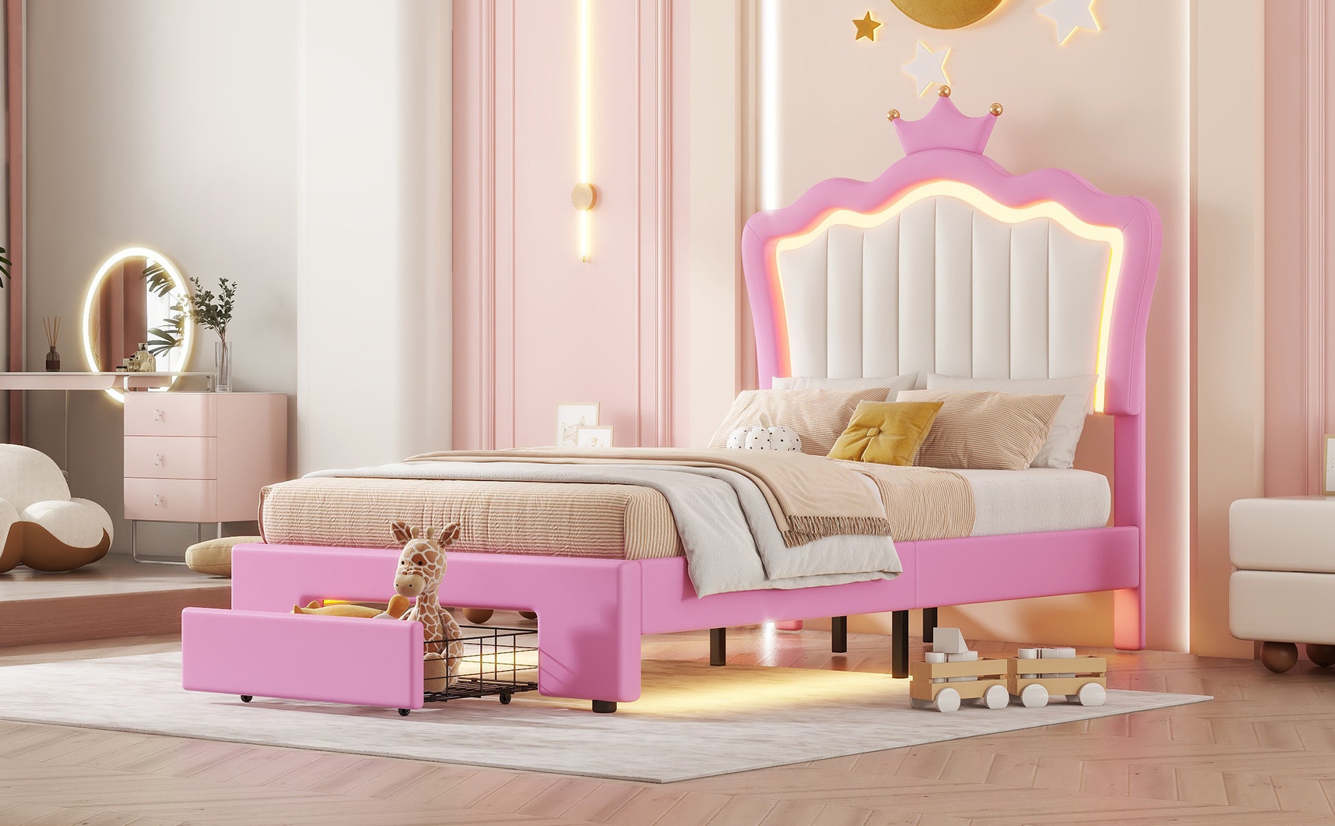 Twin Size Upholstered Bed Frame With Led Lights, Modern Upholstered Princess Bed With Crown Headboard, A Drawer, Pink White Box Spring Not Required Twin Pink White Wood Bedroom Modern Bed Frame Pu